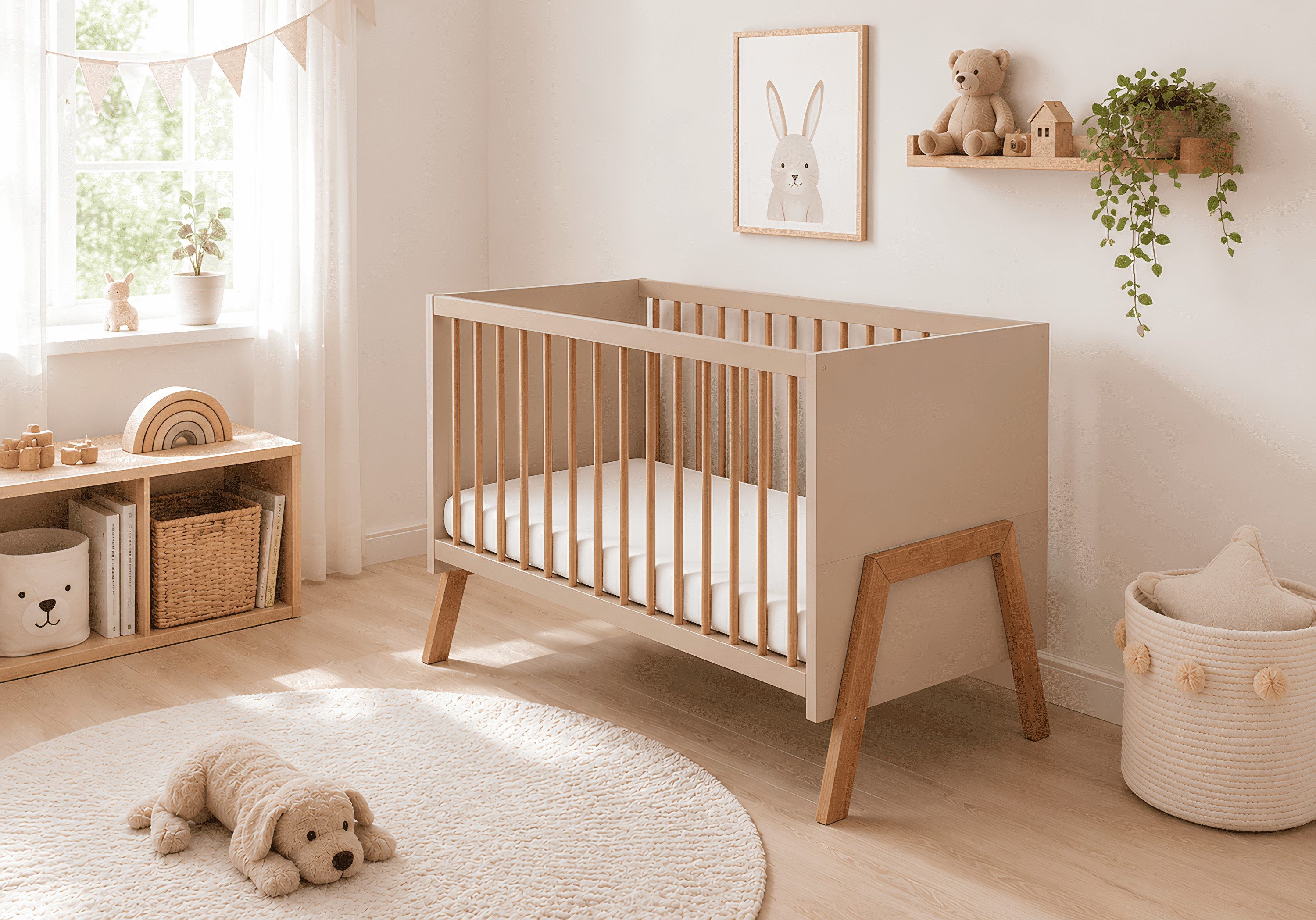 Baby-Delux Babybett Juna Kaschmir-Beige Eiche, Kinderbett 60x120 umbaubar Schutzgitter Matratze