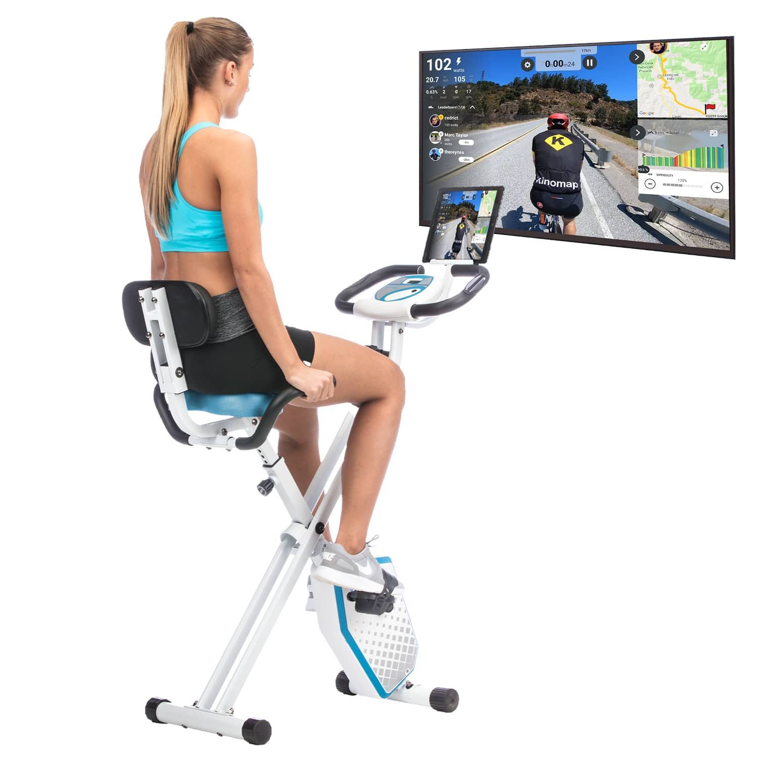 Skandika Heimtrainer Foldaway X 1000 Plus Fitnessbike X Bike klappbar fur Zuhause Handpuls Sensoren Bluetooth Tablet Halterung Ruckenlehne bis 110kg