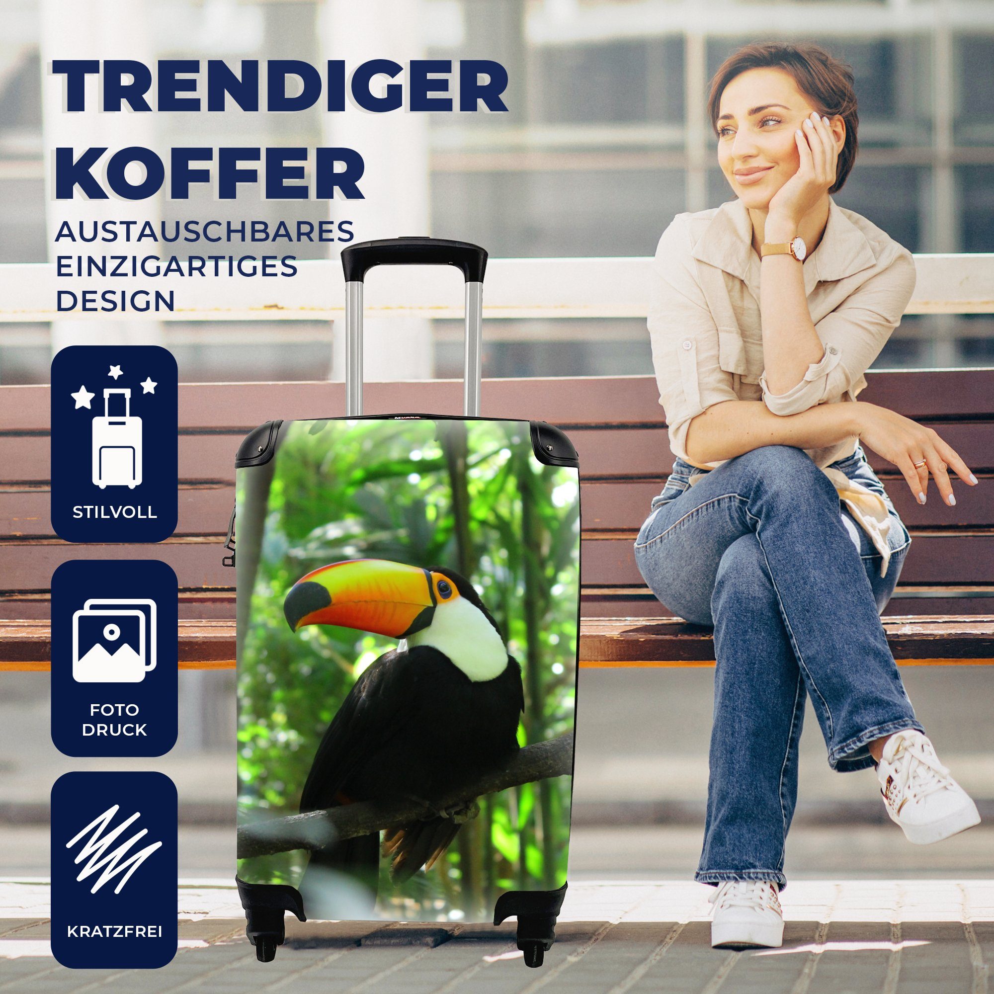 Reisetasche mit MuchoWow Ferien, Baum, Handgepäck im 4 Trolley, für rollen, Tukan Handgepäckkoffer Reisekoffer Rollen,
