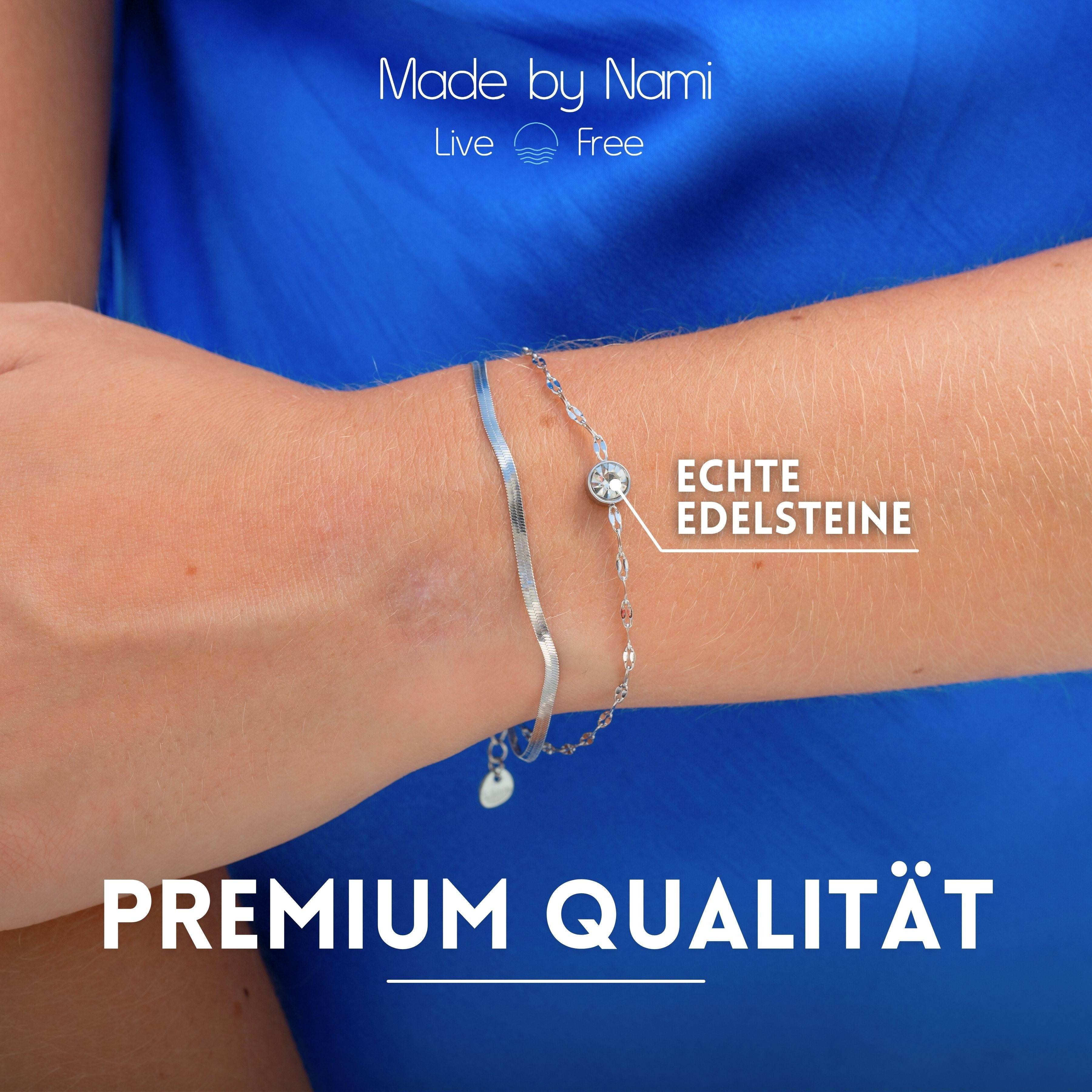 Made by Nami Edelstahlarmband Zweireihig in Silber oder Gold aus Chirurg. Edelstahl mit Edelsteinen, 16 + 3 cm Hypoallergen Wasserfester Schmuck Geschenke für F – Bild 4 von 5