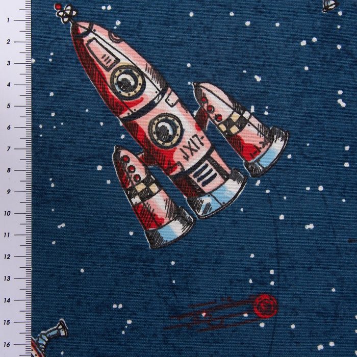 SCHÖNER LEBEN. Stoff Dekostoff Canvas Ottoman Baumwollstoff Weltall Raumschiff Satellit blau weiß rot schwarz 1 40m Breite TU10917