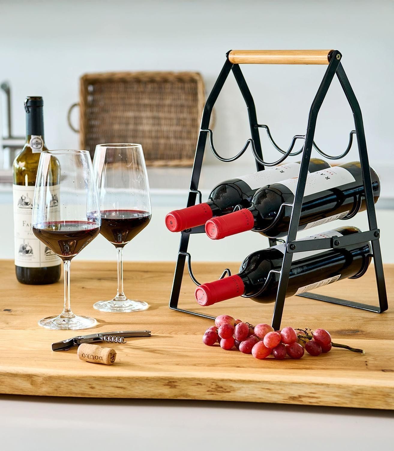 Zeller Present Weinregal VINTO, Schwarz, Braun, 1-tlg., klappbar, Platz für 6 Flaschen, mit Holzgriff, B 22 x H 37,5 x T 22 cm