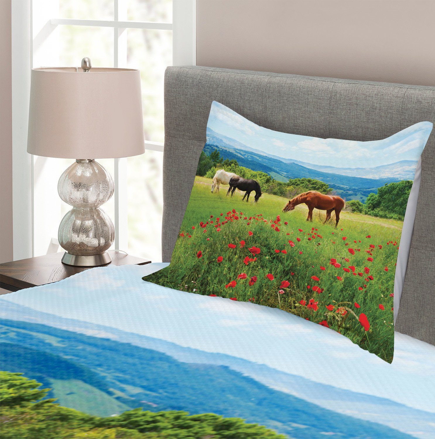 Landschaft Motiv mit Pferd Kissenbezügen Abakuhaus, Tagesdecke Waschbar, Set Ländliches
