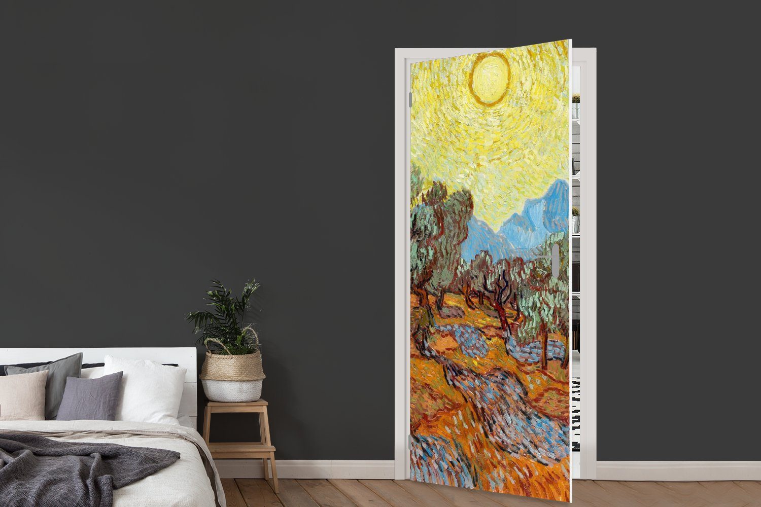 van Sonne Himmel 75x205 Türaufkleber, Türtapete Tür, cm St), und Gogh, - (1 Vincent Matt, gelbem Olivenbäume MuchoWow Fototapete bedruckt, mit für