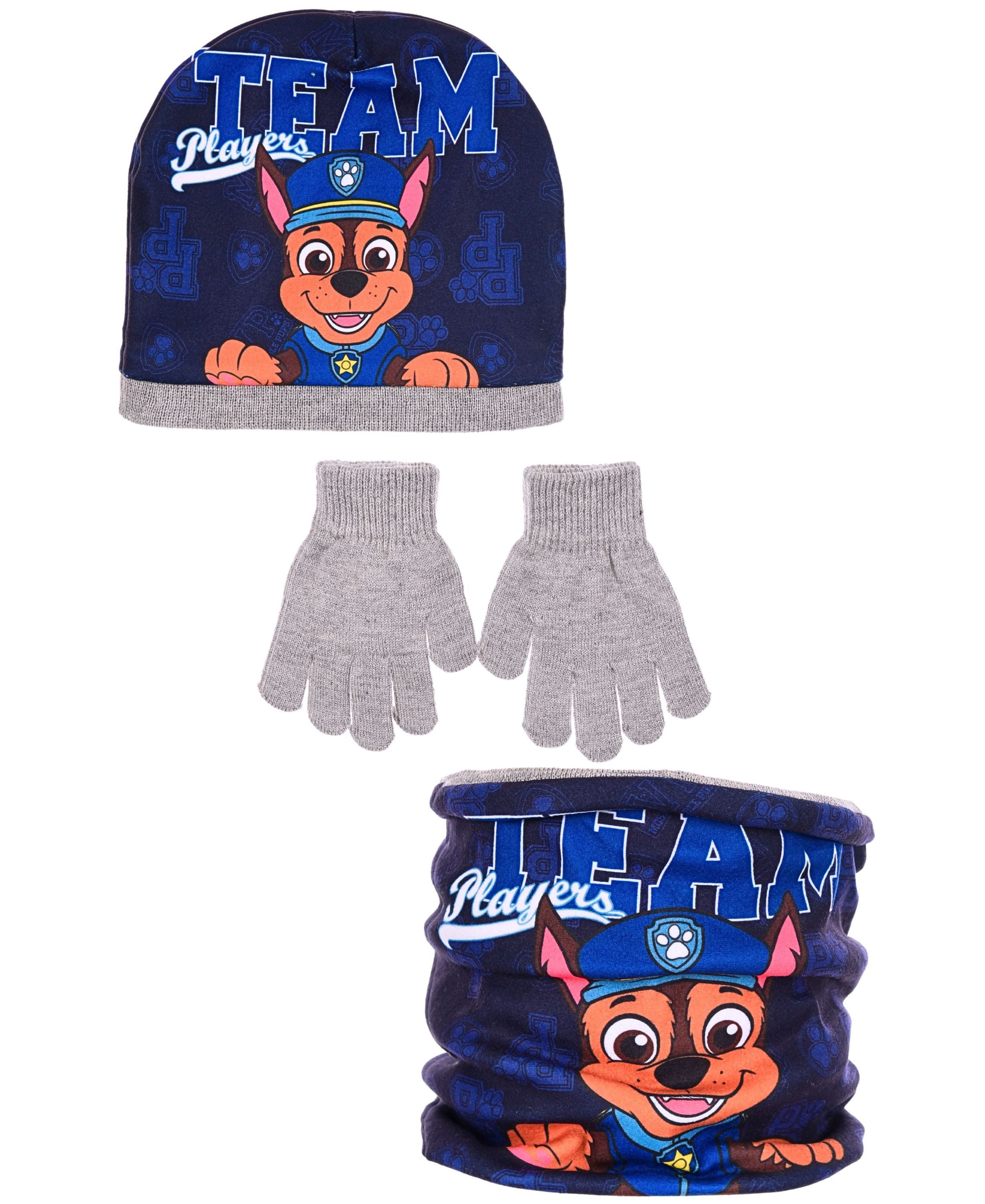PAW PATROL Beanie Chase - Team Players (3-St) Jungen Winter-Set: Mütze, Schlauchschal & Handschuhe