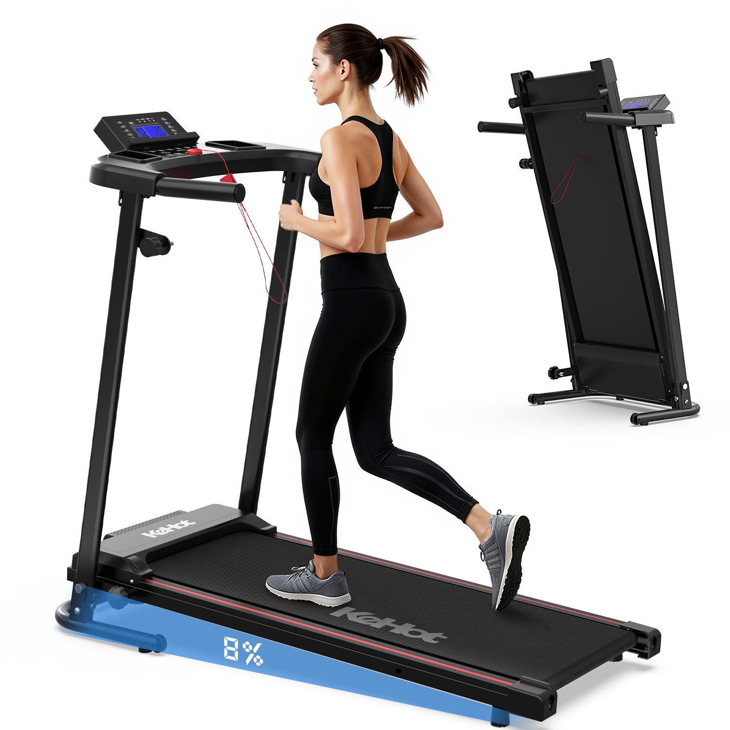 kehot Laufband Laufband klappbar mit Handlauf & Steigung für Zuhause (Elektrisches Laufband bis 12 km/h, LED-Display & Bluetooth, Mit App-Steuerung (FITSHOW, KINOMAP, ZWIFT) & Musikfunktion), 12 Programme, Stoßdämpfend & Platzsparend Verstau