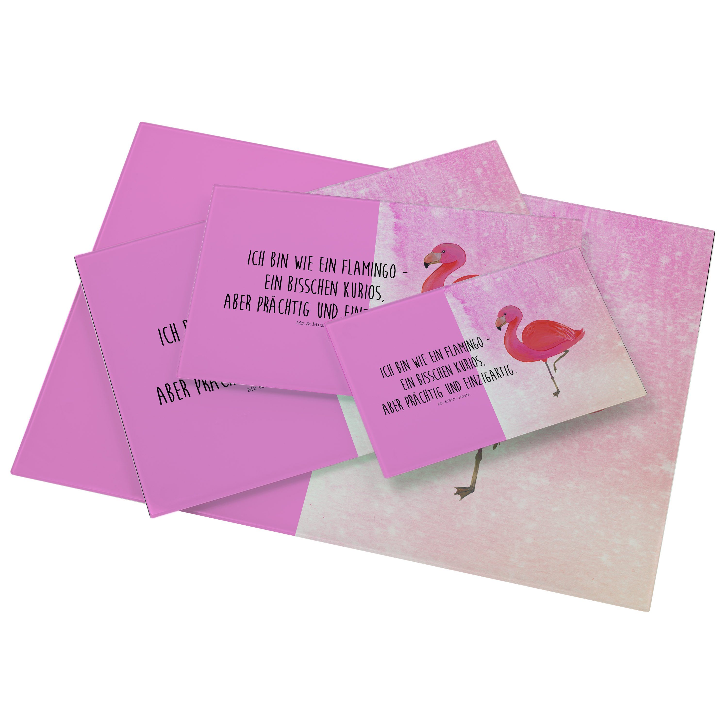 Mr. & Mrs. Panda Servierbrett - (1-St) Glas, Geschenk, - einzigartig, Schneidebre, Pink classic Flamingo Premium Aquarell