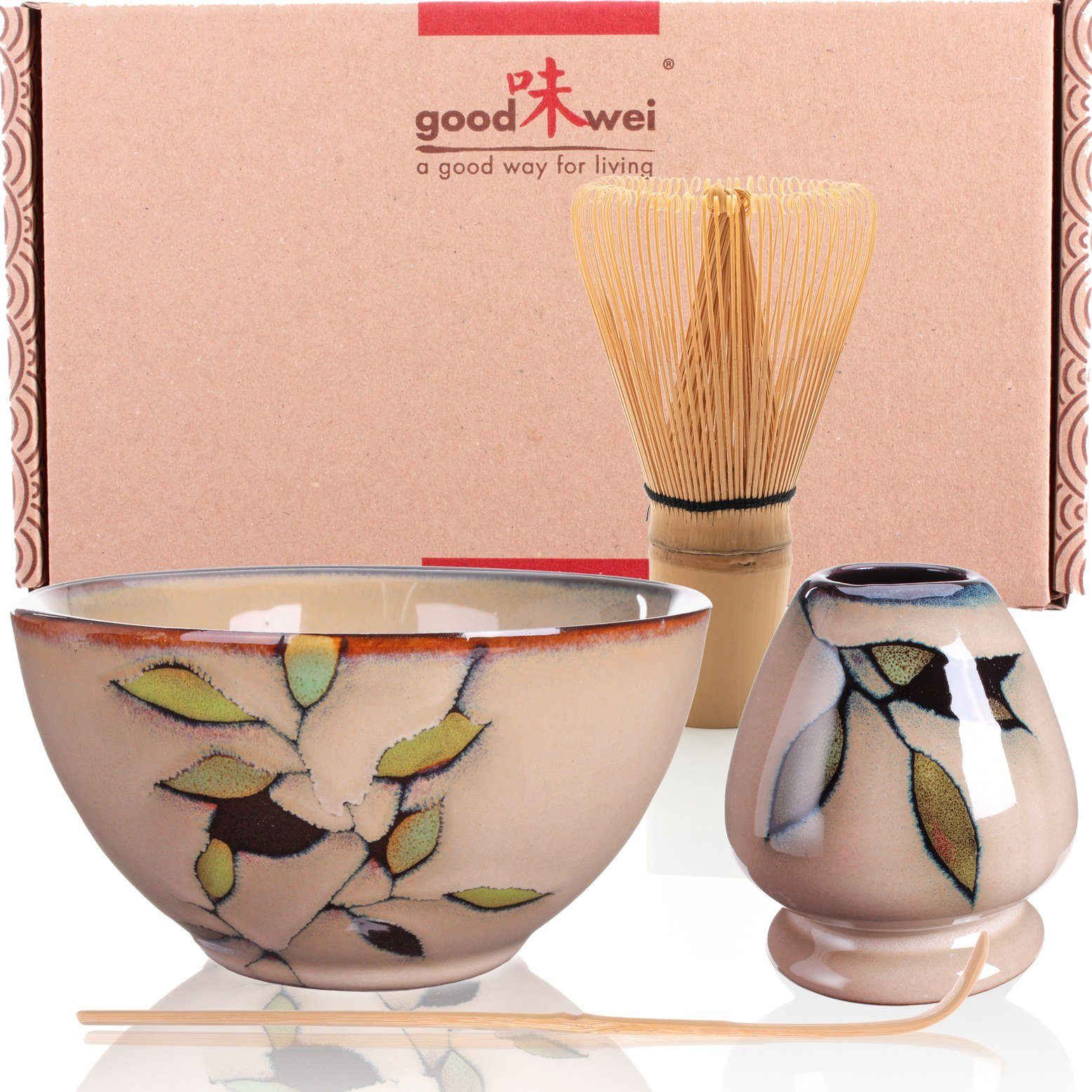 Goodwei Teeservice Matcha Teezeremonie Set "Bamboo" mit Teeschale, Besen und Besenhalter (4-tlg), Keramik