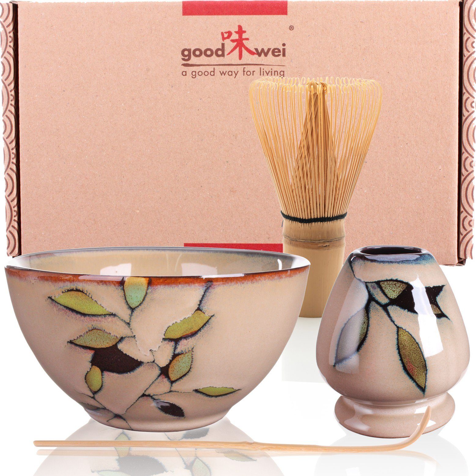 Teezeremonie Set mit Goodwei "Bamboo" Teeschale, und Besenhalter (4-tlg), Besen Teeservice Matcha Keramik