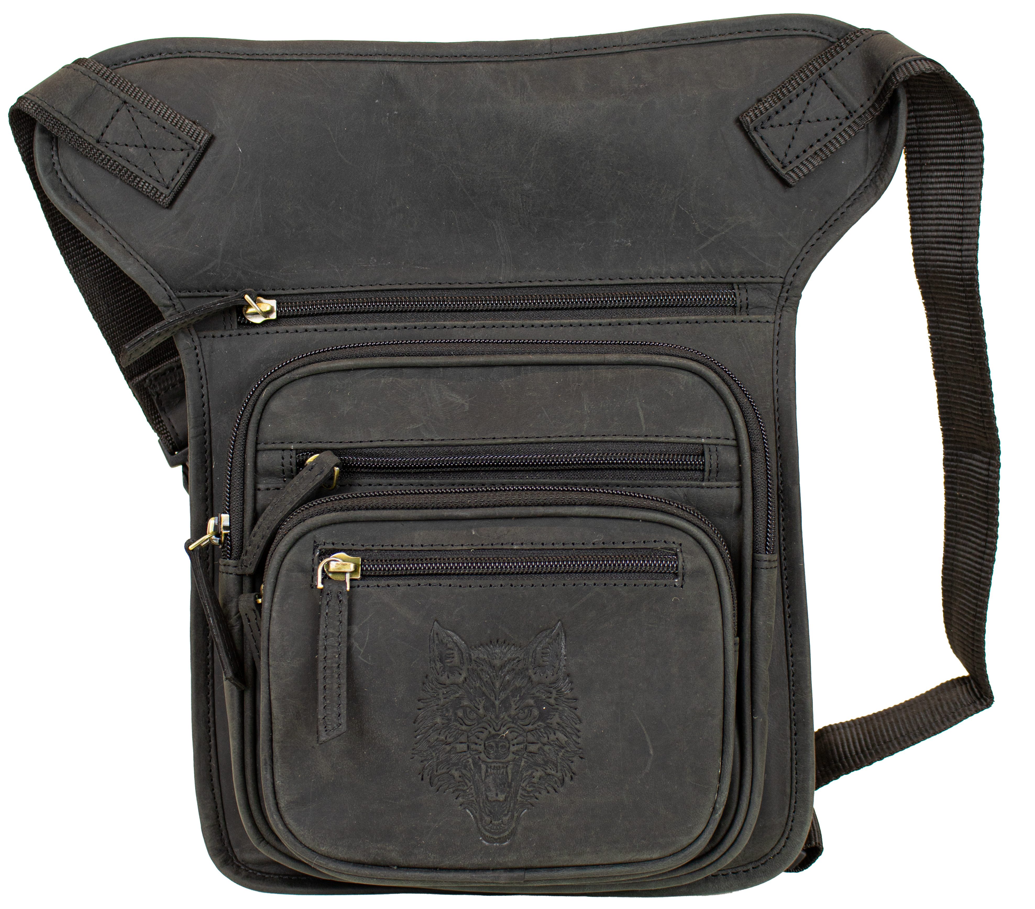 MDM Beintasche Biker Leder Beintasche Hüft-, Gürteltasche mit Wolf-Prägung (Höhe 32 cm × Breite 23 cm × Tiefe 6 cm), Echtes Rindsleder