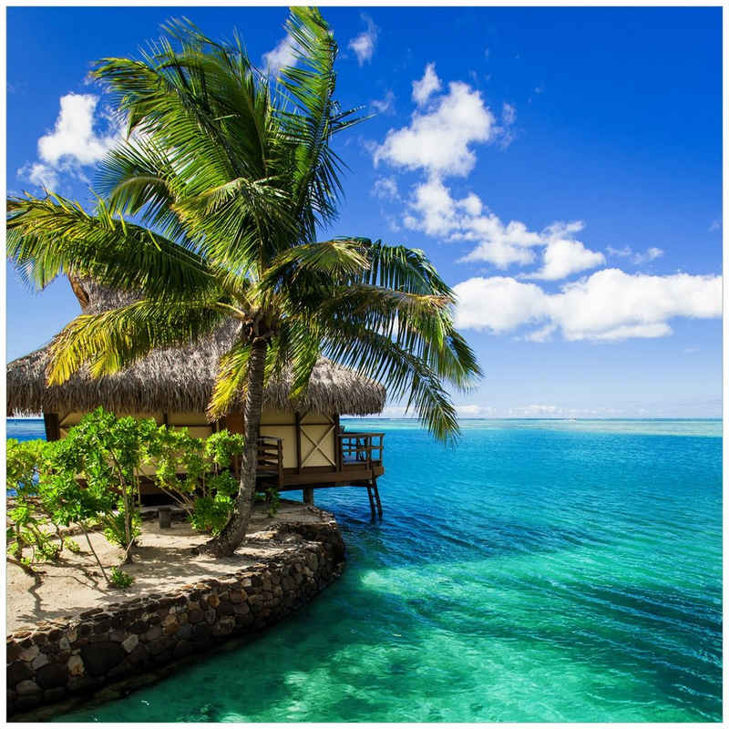 Wallario Glasbild, Karibisches Meer  Einsame Hütte unter Palmen, in verschiedenen Ausführungen