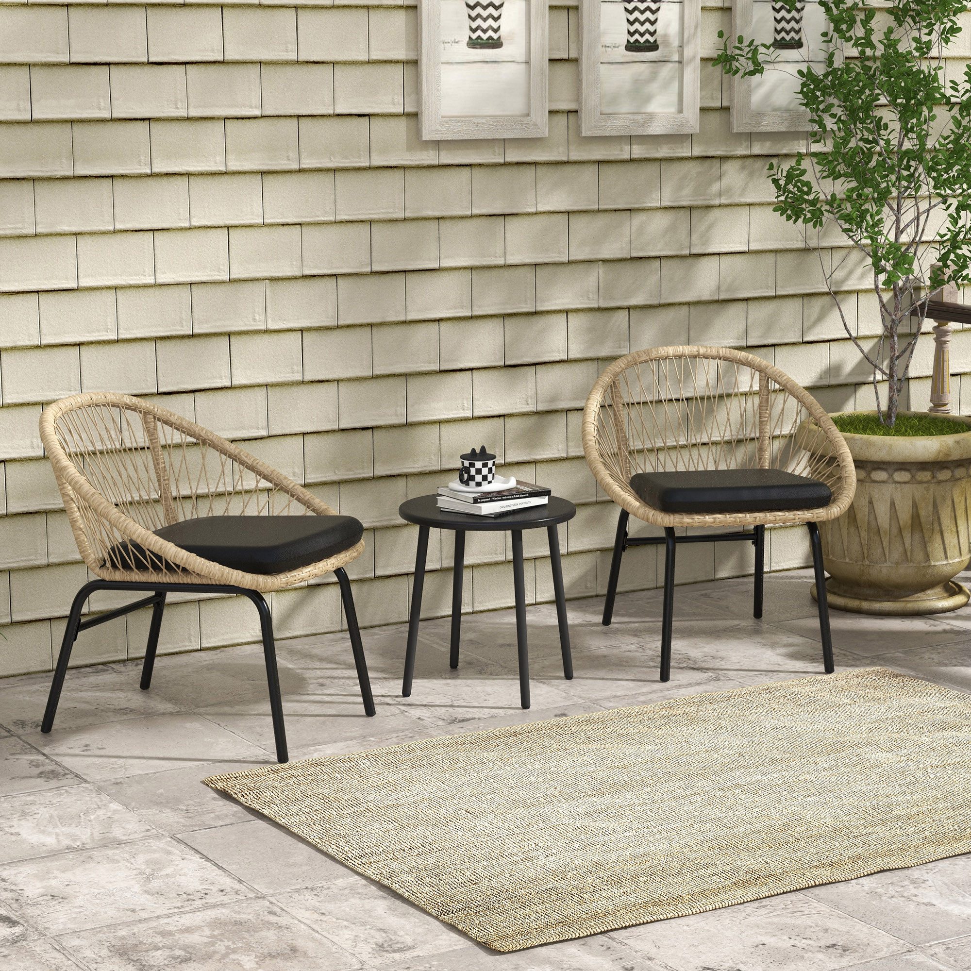 CHICFURN Balkonset 3-tlg. Rattan Balkonmöbel-Set, inkl. Couchtisch & 2 Stühlen, (Set, 3-tlg., Sitzgarnitur mit Kissen, ideal für Balkon, Terrasse oder Garten), Wetterfestes Polyrattan, Polyesterkissen, Farbe Gelb