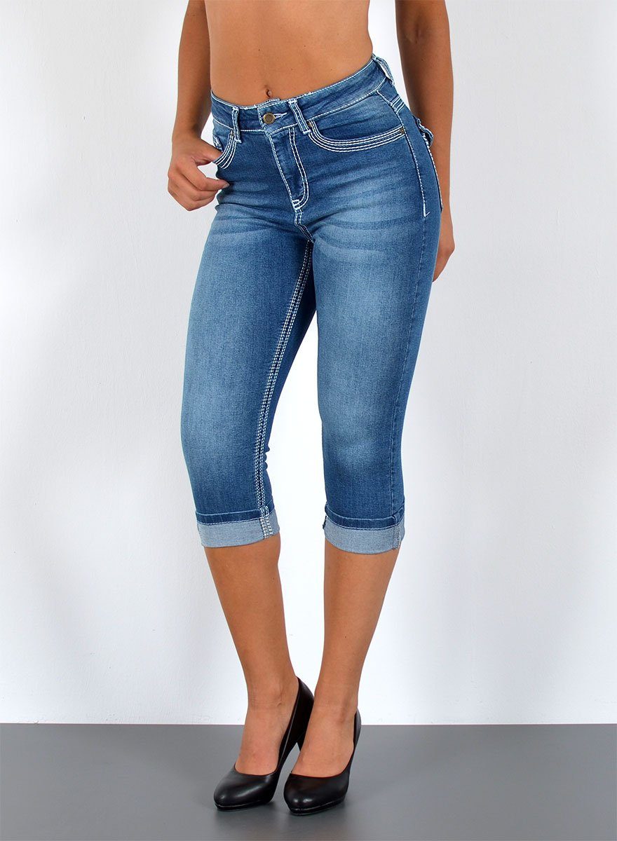 ESRA Caprijeans J563 Damen High Waist Capri Jeans mit dicker Naht, bis Übergröße / Plussize Größe, Damen 3/4 Capri Jeans-Hose Hochbund mit Kontrastnähte, bis Große Größen, Damen Caprijeans High Rise mit weißer Doppelnaht