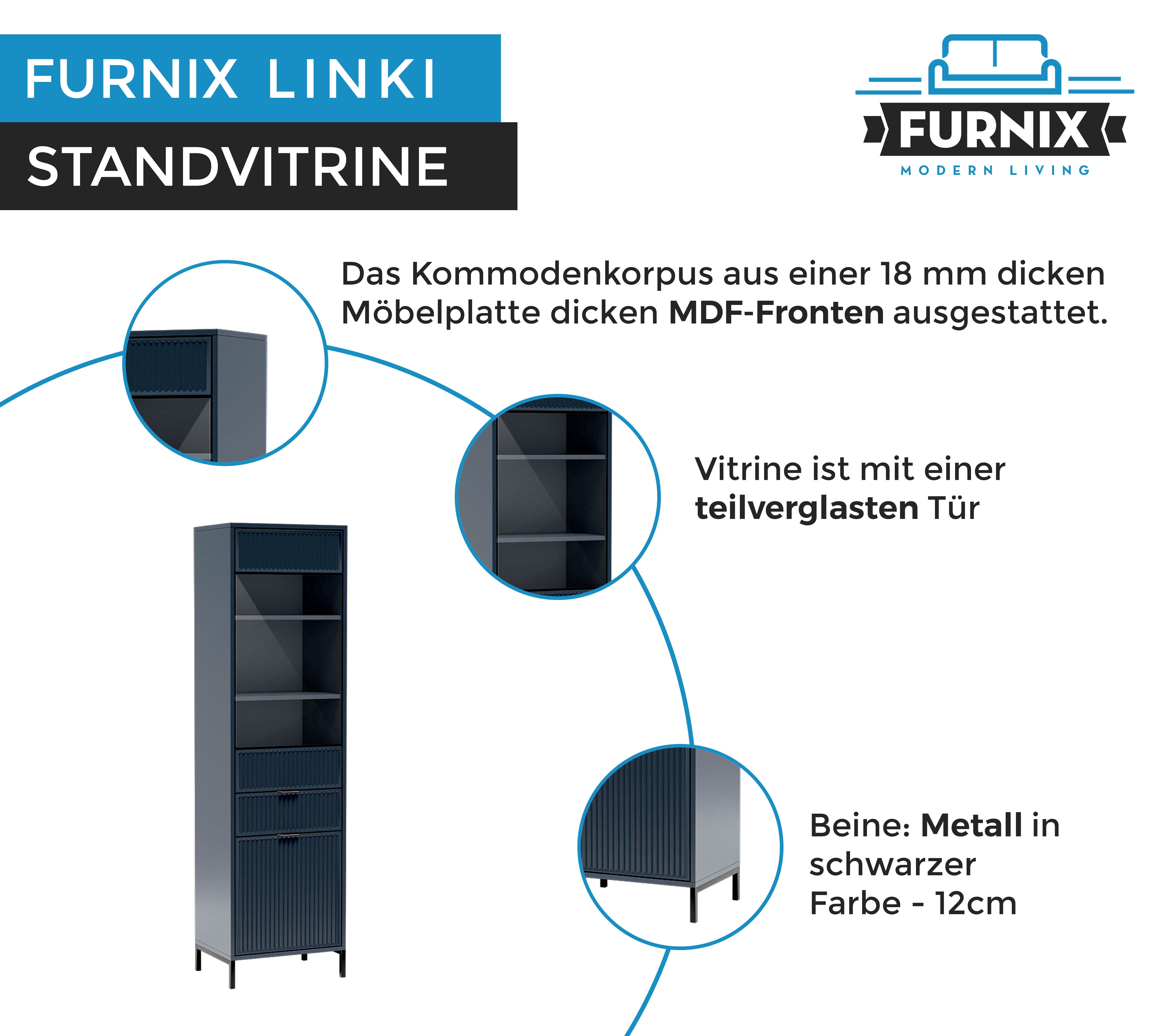 Furnix Standvitrine Türen verglaste Schublade Schublade LS5 Indigo Vitrinenschrank LINKI mit Glastür, mit
