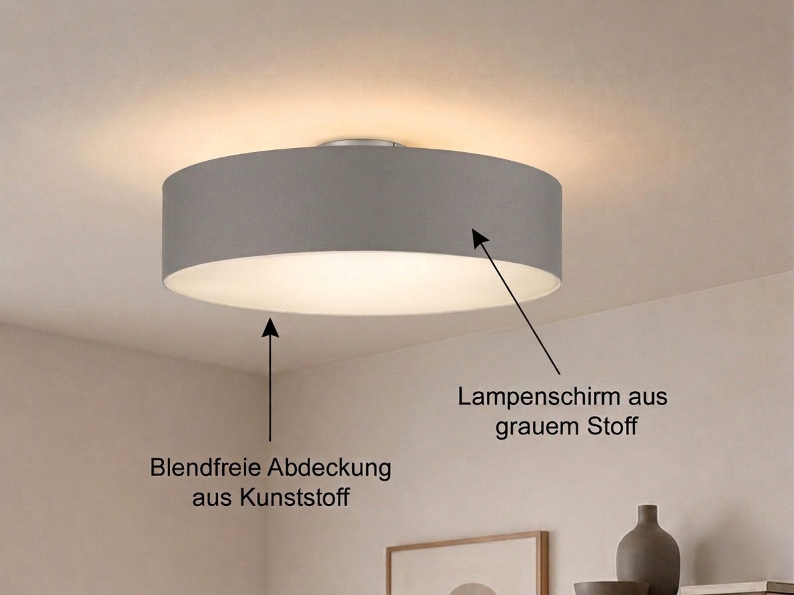 meineWunschleuchte Deckenleuchte mit Stoff Lampenschirm Grau Braun Ø 60cm, ohne Leuchtmittel, große Stoff-Lampe, gemütliche Deckenlampe, E14 Schlafzimmerlampe