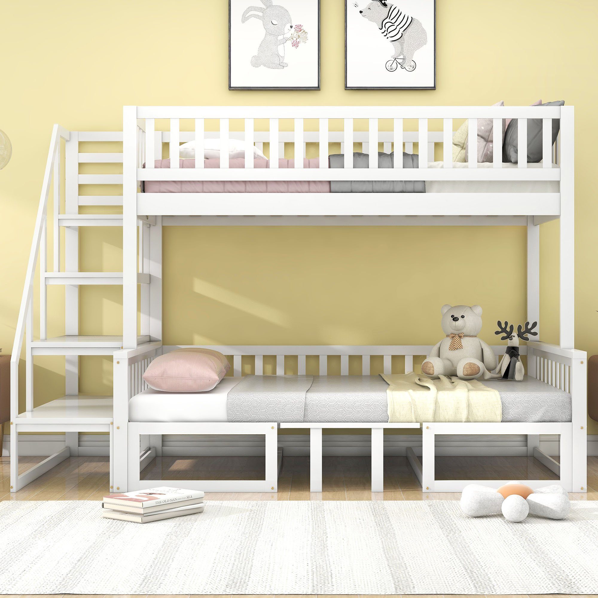 Ulife Etagenbett Kinderbett Hochbett mit Treppe, mit verstellbarem Tisch,90x200cm&120*200cm