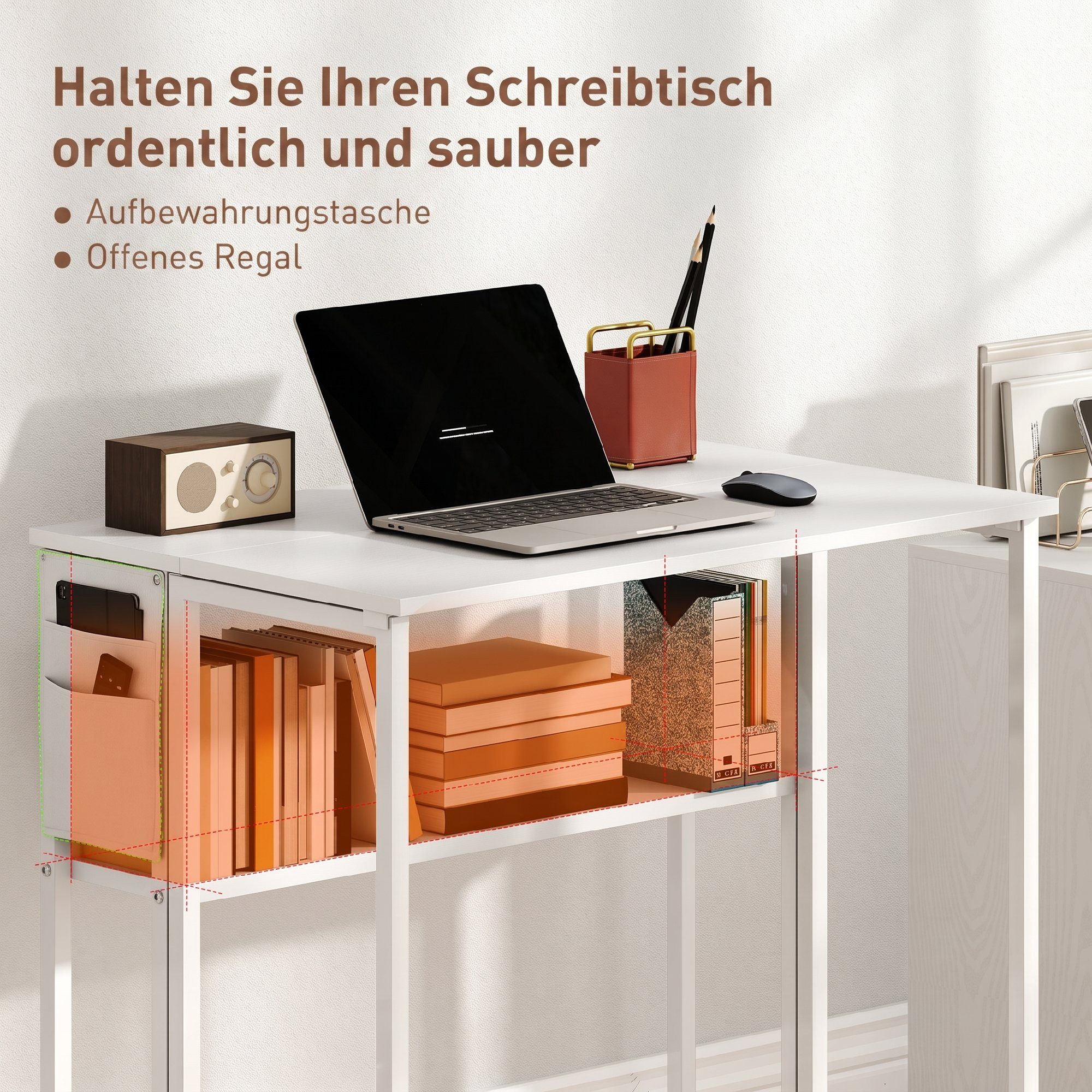 HOMCOM Schreibtisch klappbarer (Klappschreibtisch, 1-St., Platzsparend Computertisch), mit Regal, Aufbewahrungstasche, für Home Office, Weiß – Bild 5 von 5