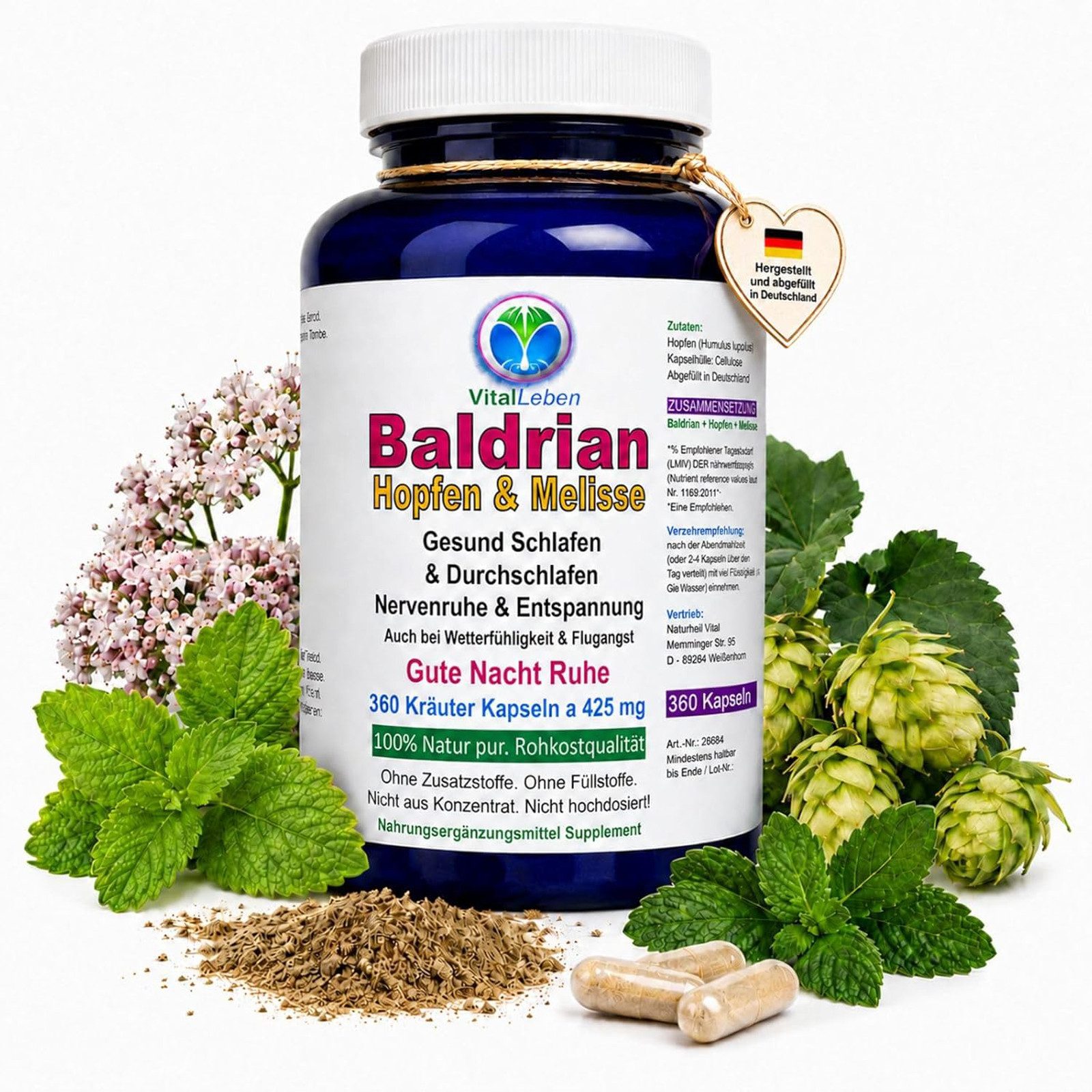 VitalLeben Baldrian Hopfen Melisse für Entspannung & Abendruhe ohne Zusatzstoffe Kapsel, 1 er Dose à 360 St., 153 g, Art. 26660-360