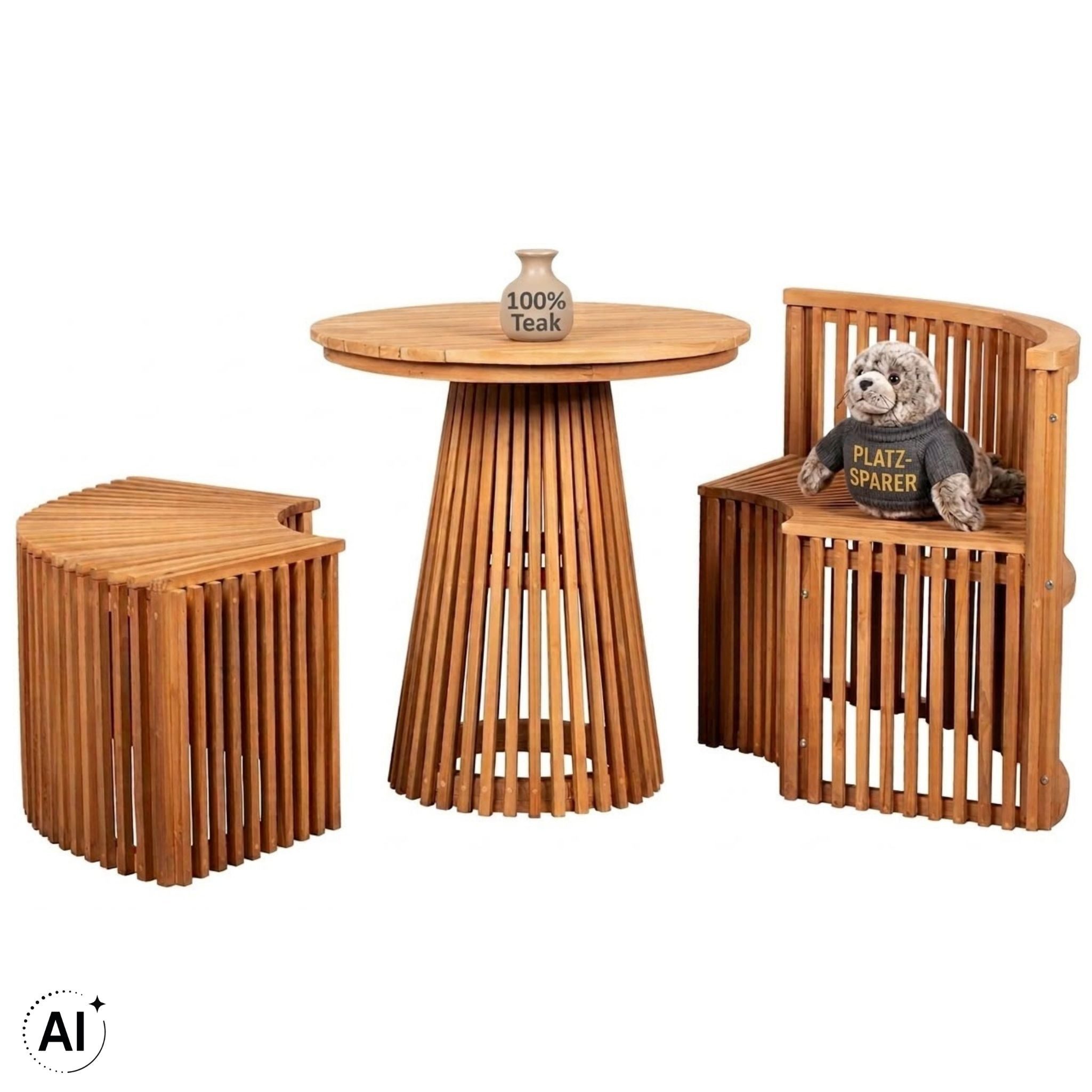 MR.DEKO Gartenlounge-Set Henfield Sitzgruppe Teak massiv rund 3-tlg. Natur, (Teak Sitzgruppe mit zwei Bänken und Tisch, 3-tlg., 3-teiliges Set bestehend aus 2 Bänken), Wetterfeste Gartenmöbel aus massivem Teakholz