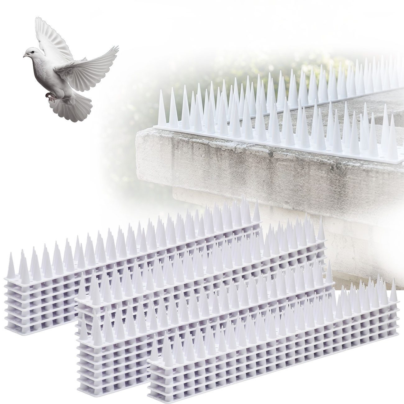 shop'n smile ideoon Taubenspikes Taubenspikes Weiß 5,4m Effektive 3-reihige Vogelabwehr Polycarbonat, 24-St., 12 St. / 32 St., 12/24 Stachel-Module, 3reihiges Polycarbonat, individuell zuschneidbar