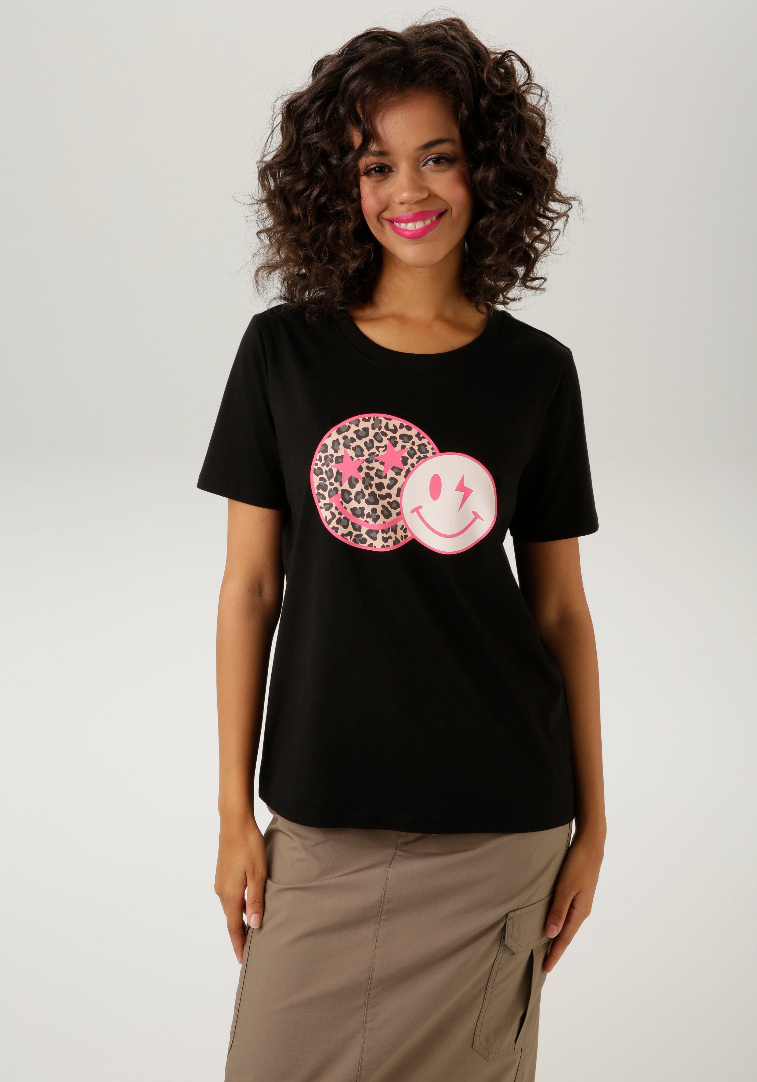 Beliebte Schnäppchen Smileys mit schwarz-pink-beige-weiß-grau coolen CASUAL bedruckt Aniston T-Shirt