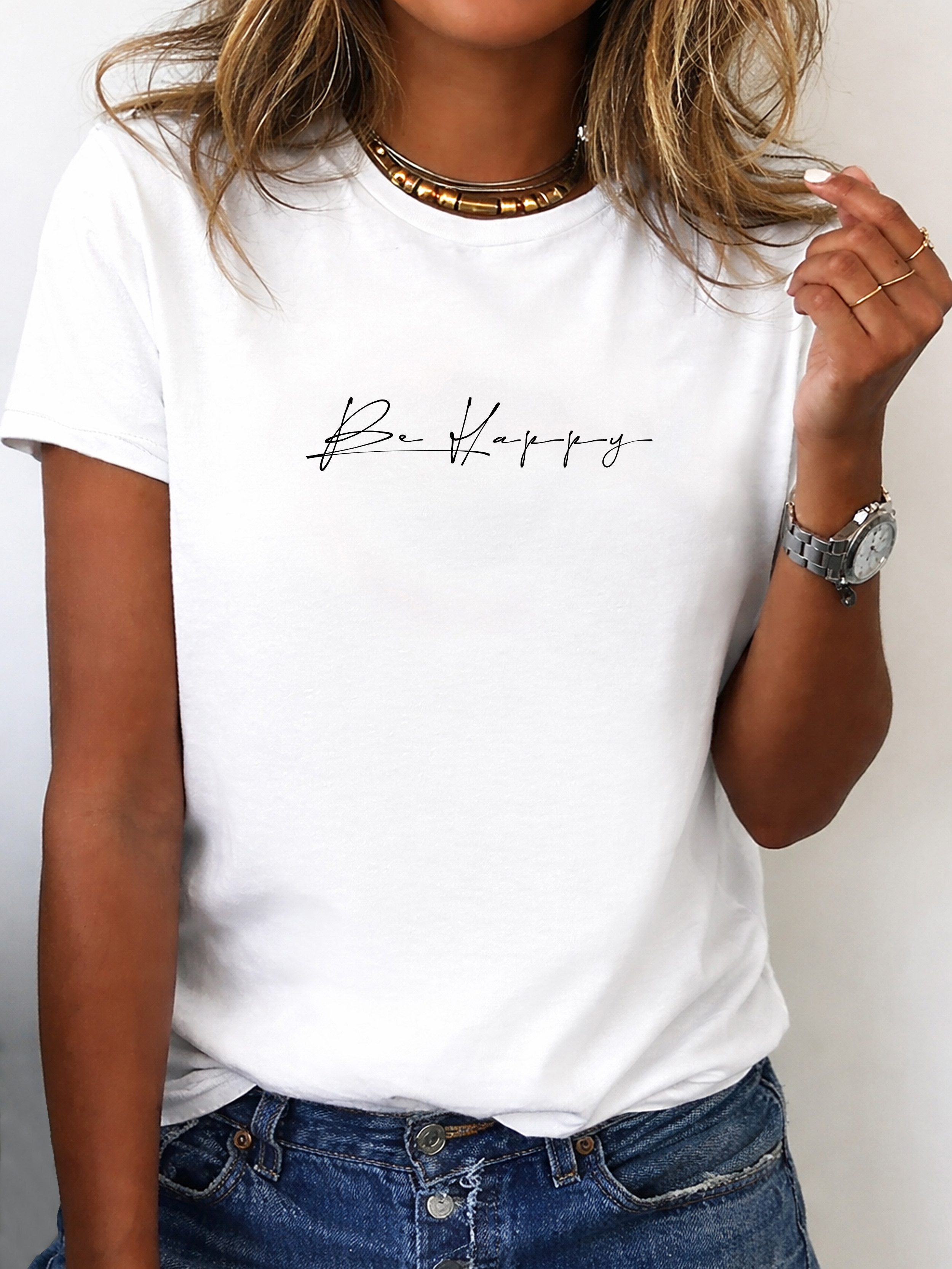 T-Shirt Damen Shirt Rundhals Basic Be Happy Glücklich sein
