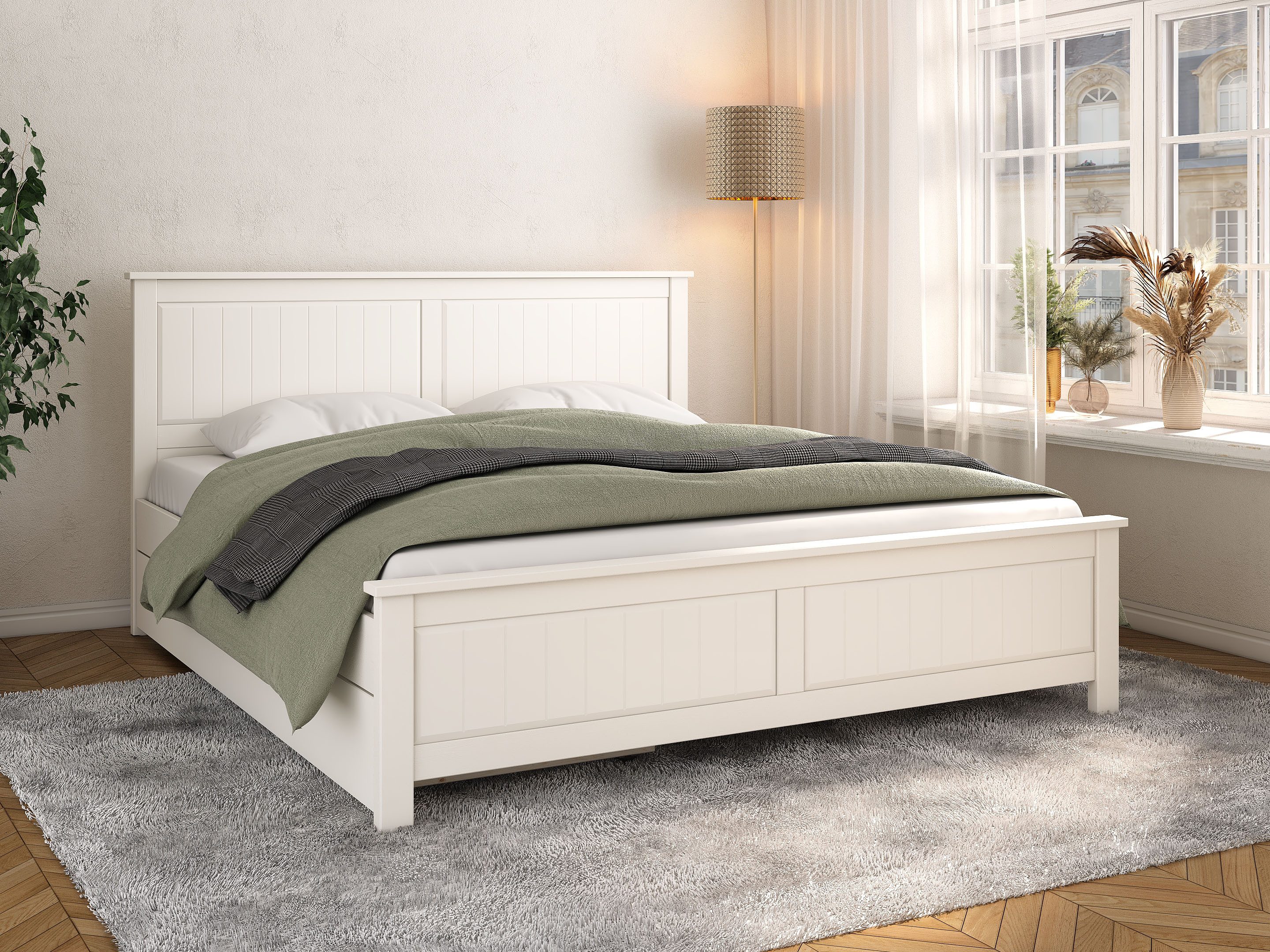 OTTO home Massivholzbett Northwood, Landhausstil, mit Lamellen und Kassetten, Made in EU (Liegefläche 180x200cm), inklusive Lattenrost, stilvolles Design, Schubkasten optional (748832)