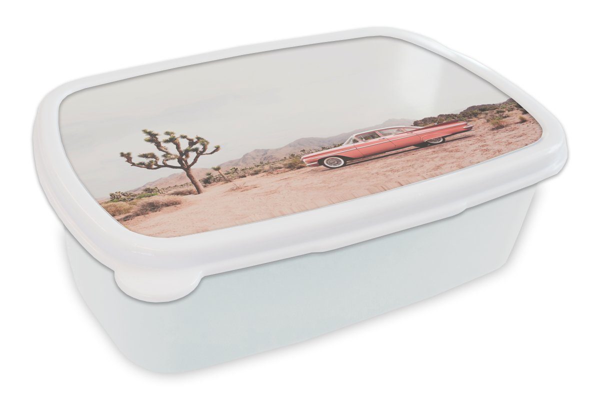 MuchoWow Lunchbox Auto - Wüste weiß und und Jungs - (2-tlg), Kinder Brotdose, Berge Erwachsene, Mädchen für Kunststoff, Sand, Baum für Brotbox - 