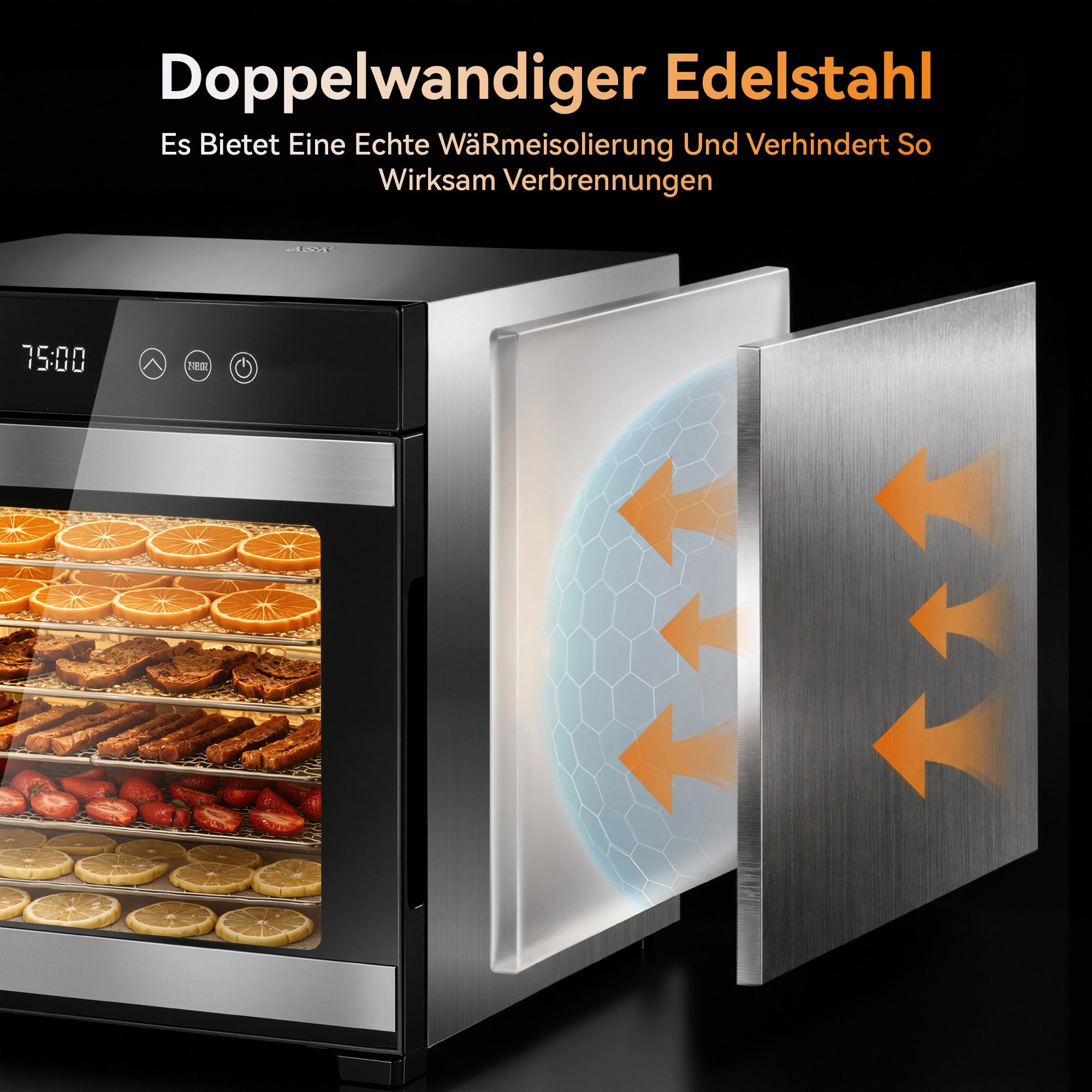Furnicopia Dörrautomat Edelstahl Lebensmitteltrockner – 10 Tabletts, 48h, 850W 650 W, 8 Etagen, 360°-Umluft, 24-h-Warmhalten, für Obst, Jerky u. a., inkl. Rezep – Bild 2 von 5