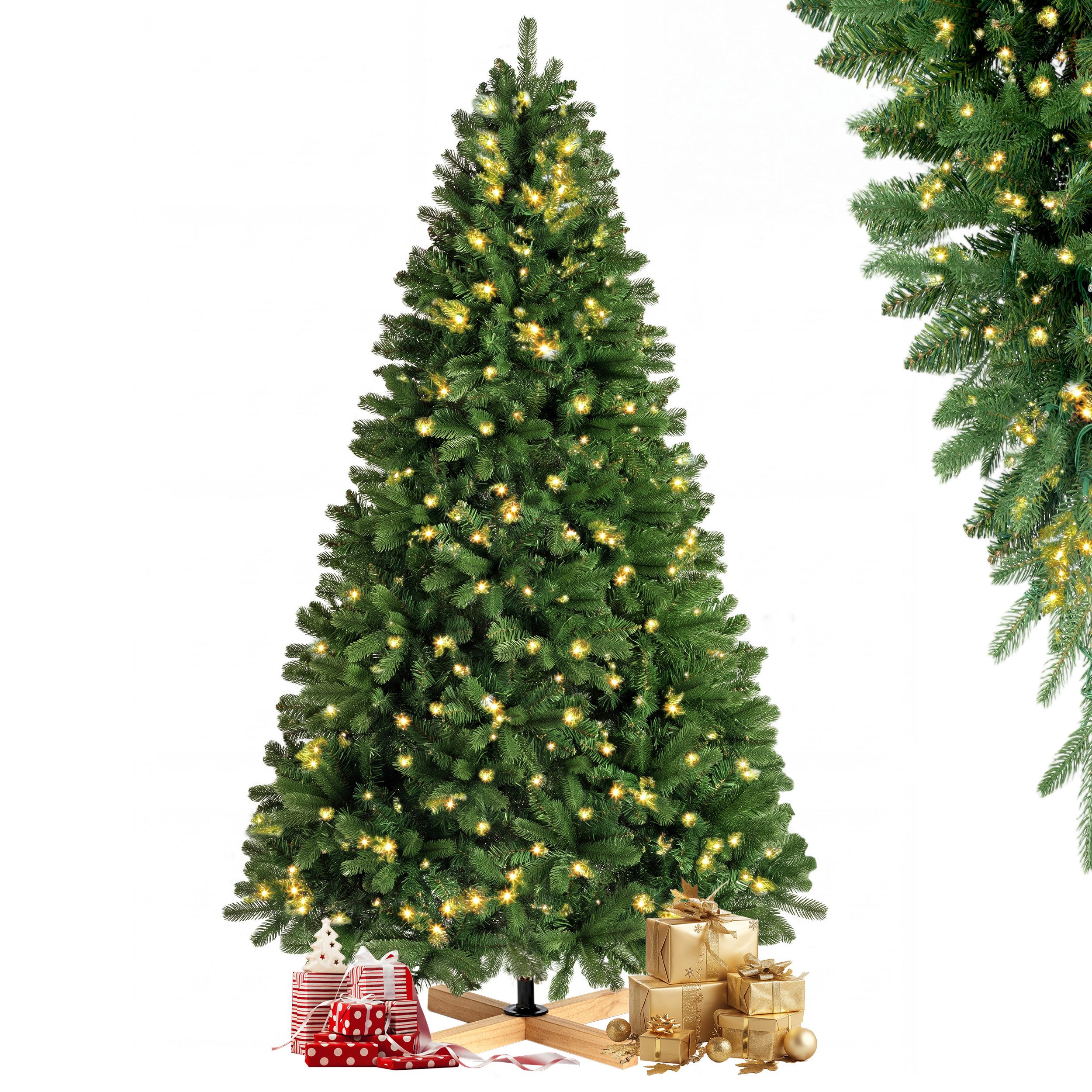 Vankel Künstlicher Weihnachtsbaum dichter Tannenbaum mit Licht und Holzständer, grüne Weihnachtsdeko, Dichter Tannenbaum in Grün mit dekorativem Holzfuß und warmem Licht