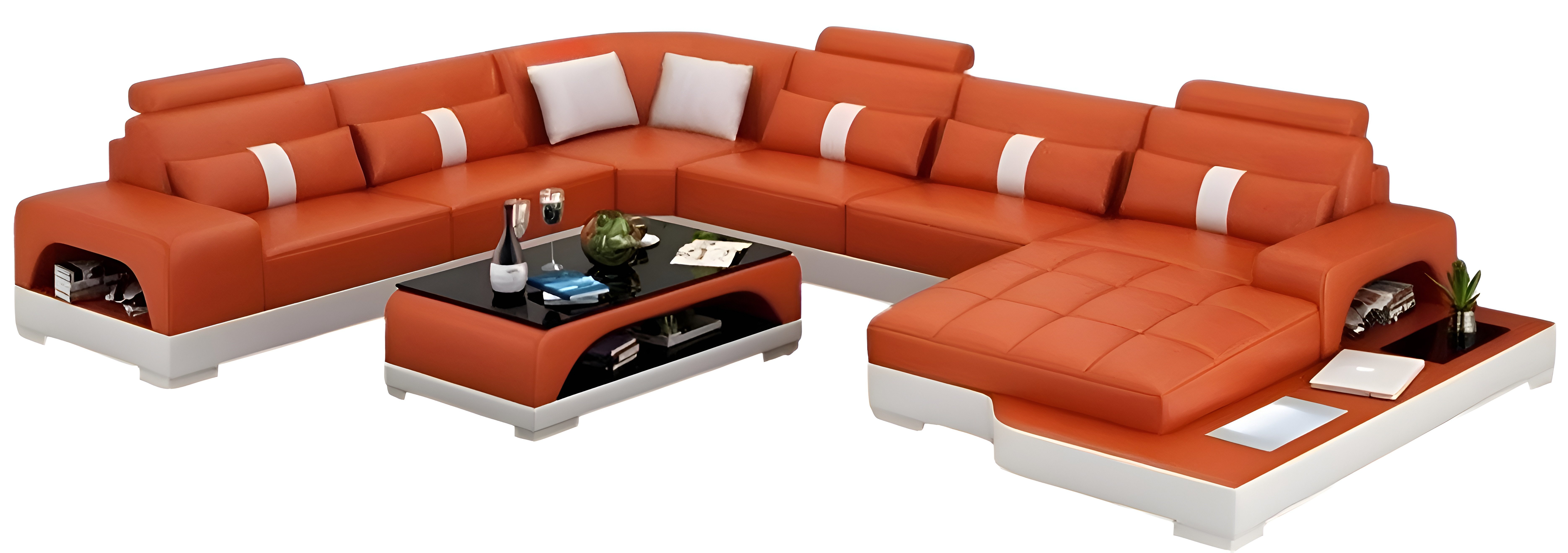 Wohnlandschaft Modernes Ecksofa aus Kunstleder mit USB-Anschluss und LED-Beleuchtung