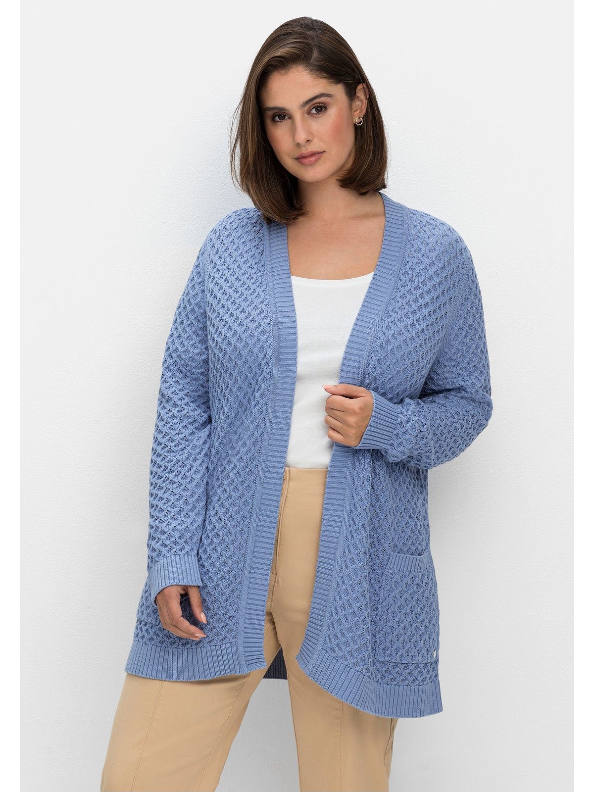 in Sheego Größen Große leichter mit A-Linie mittelblau Wabenstruktur, Strickjacke