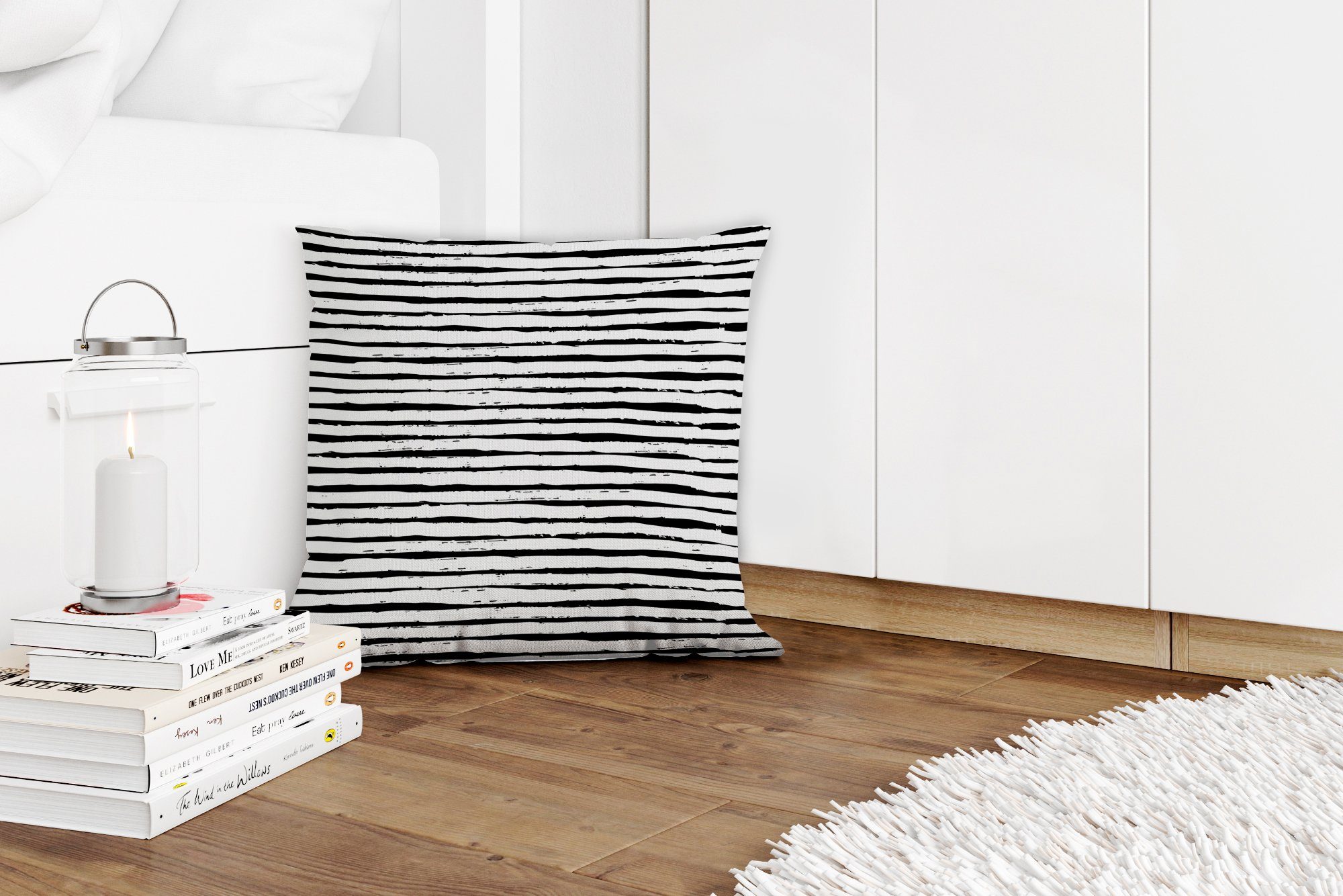Schlafzimmer, mit Weiß für - Deko, - Füllung Streifen Schwarz Dekokissen Sofakissen Zierkissen - MuchoWow Design, Wohzimmer,