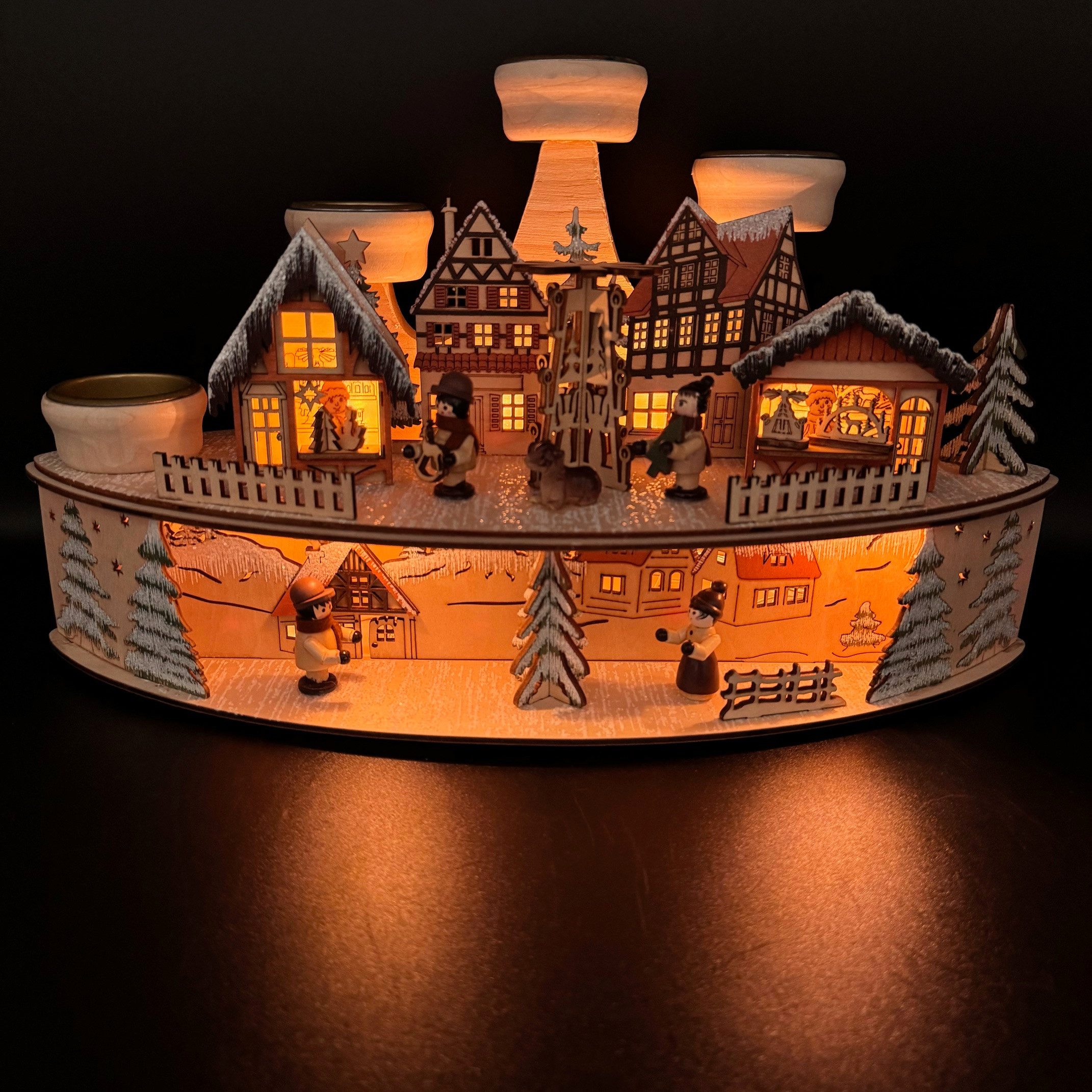 Online-Fuchs Adventskranz Kerzenhalter für 4 Teelichter mit LED-Beleuchtung und Timer, Kerzenständer, Weihnachtsdeko aus Holz