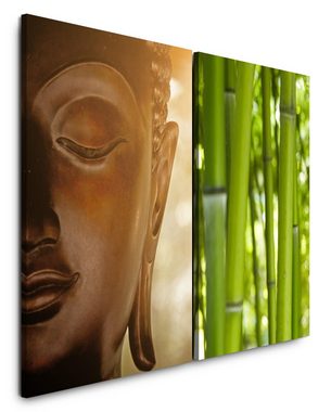 Sinus Art Leinwandbild 2 Bilder je 60x90cm Buddha Buddhakopf Bambus Asien Meditation Yoga positive Energie