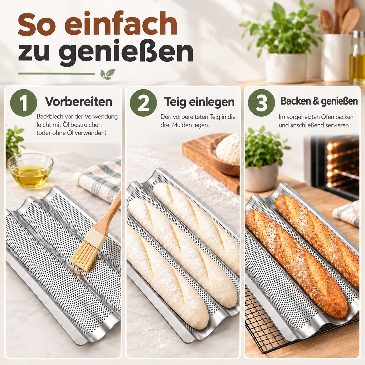 GLIESE POWER Baguetteblech – antihaftbeschichtet und hitzebeständig, 3 Mulden, perforiert, Antihaft, 38x25x2 cm, für Standardbacköfen – Bild 2 von 5