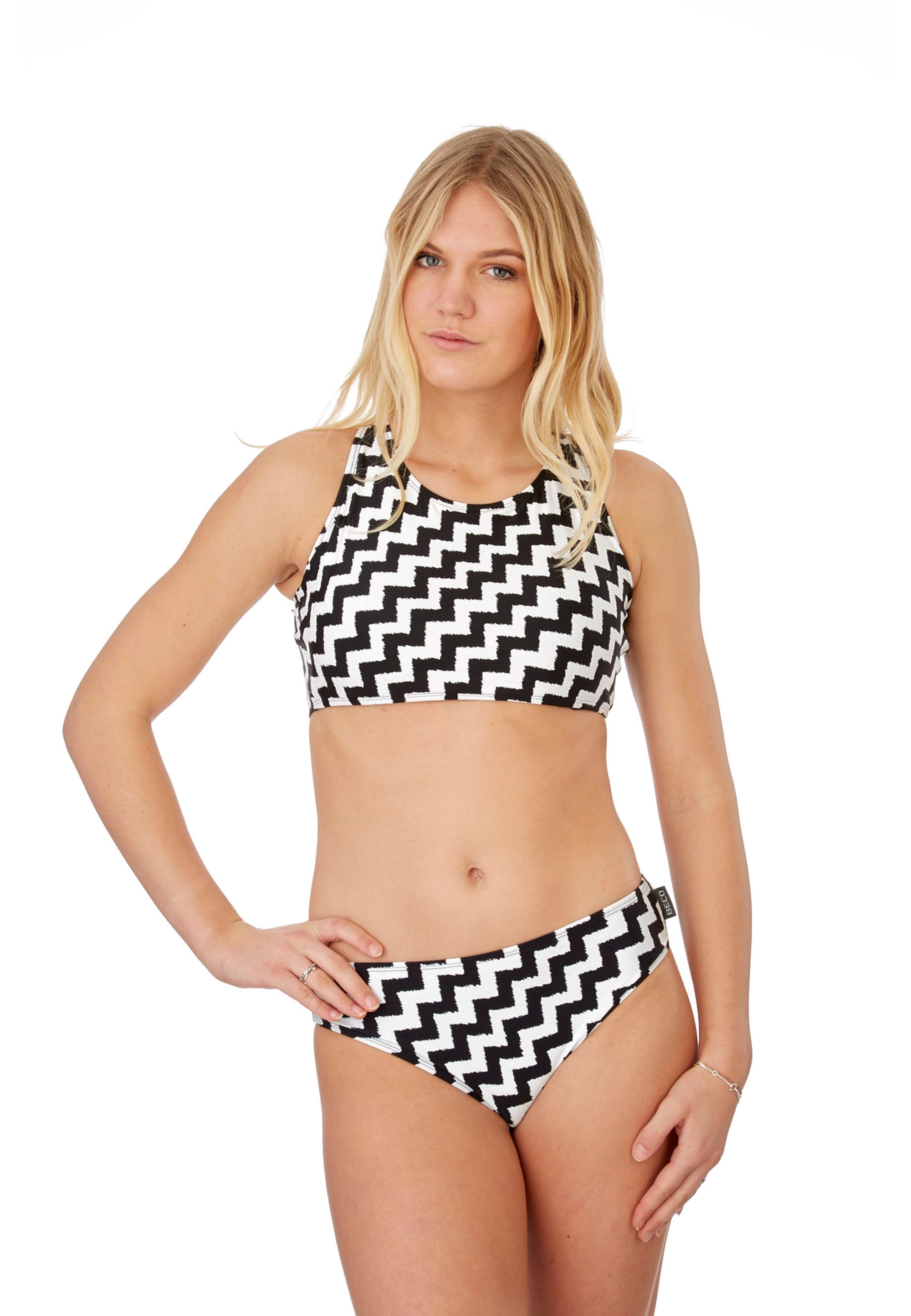 Beco Beermann triangle bikini top Black & White, with striking criss cross lacing in the back for a firm hold