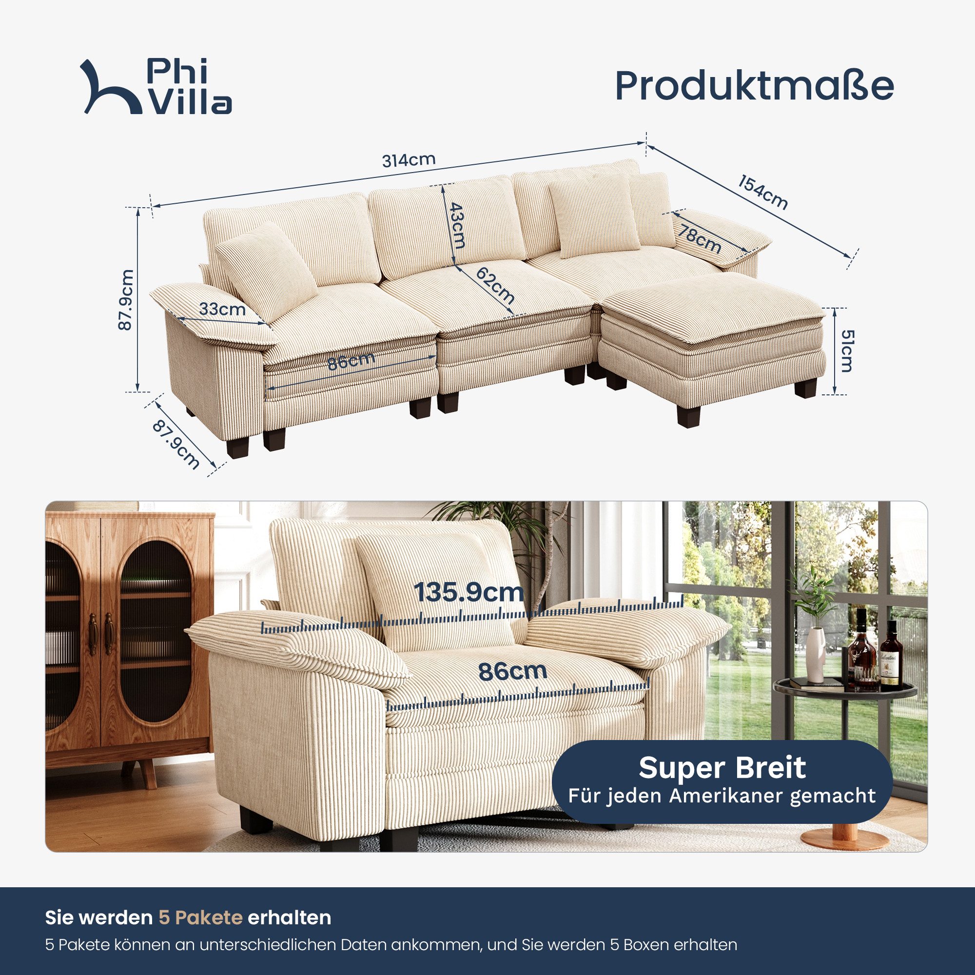 PHI VILLA Ecksofa L-Form Couch, 4-6-Sitzer-Sofa, Modulare Sofas inklusive Zierkissen und Ottomane für das Wohnzimmer