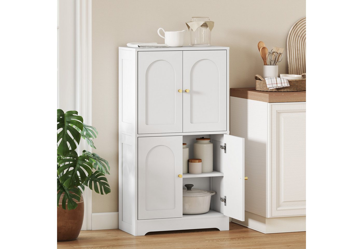 HOMCOM Mehrzweckschrank Küchenbuffet Buffetschrank verstellbare Böden gewölbte Türen (Hochschrank, 1-St., Küchenschrank) für Wohnzimmer, Weiß, 60 x 30 x 110 cm