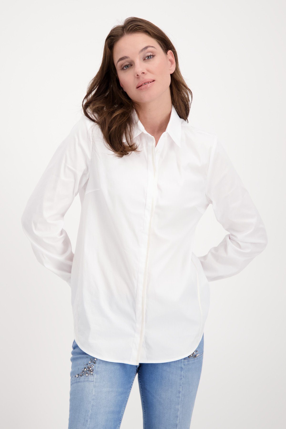 Longbluse Weiße Bluse mit Langarm und Satinband