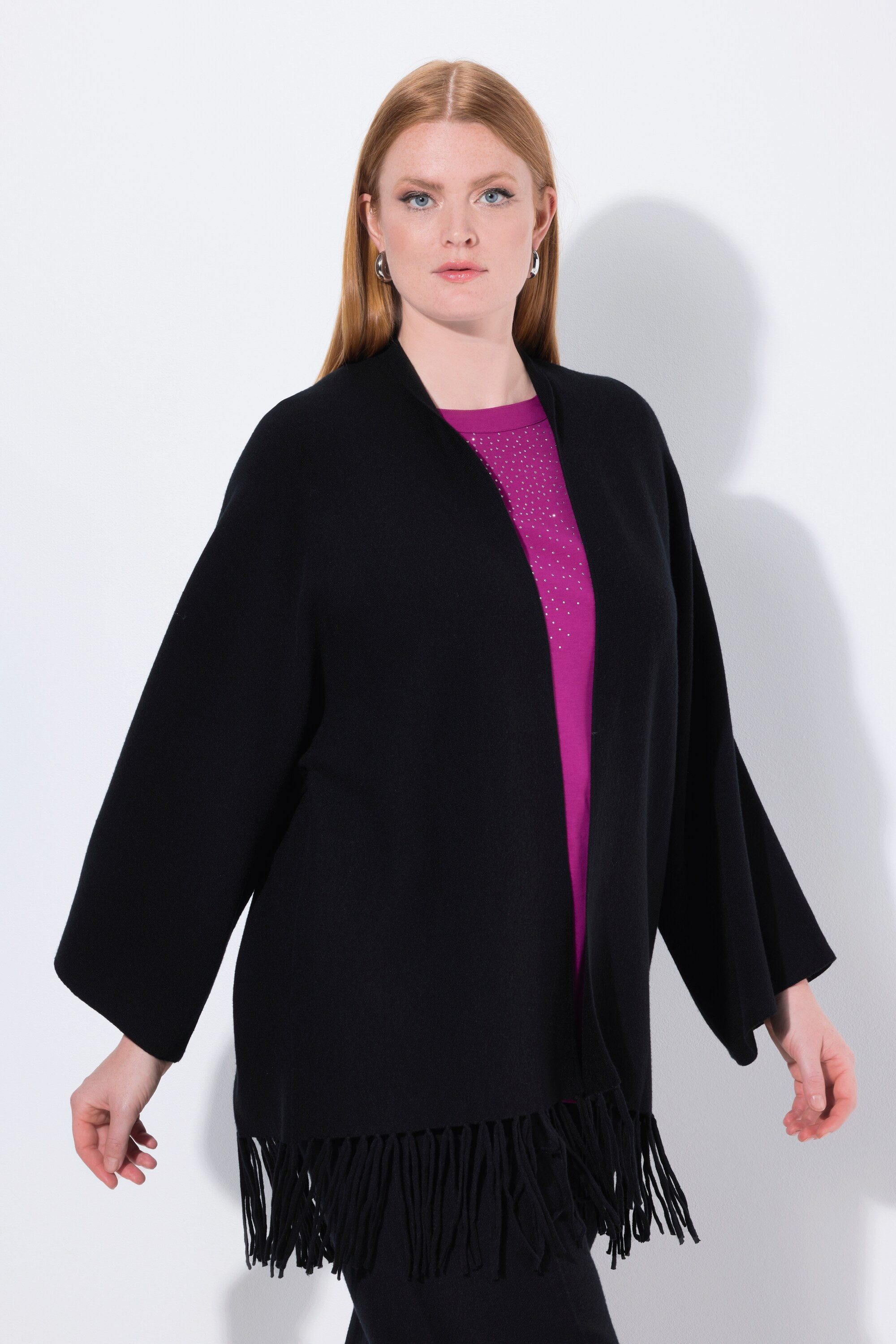 Ulla Popken Strickjacke Strickjacke Fransensaum ohne Verschluss Langarm