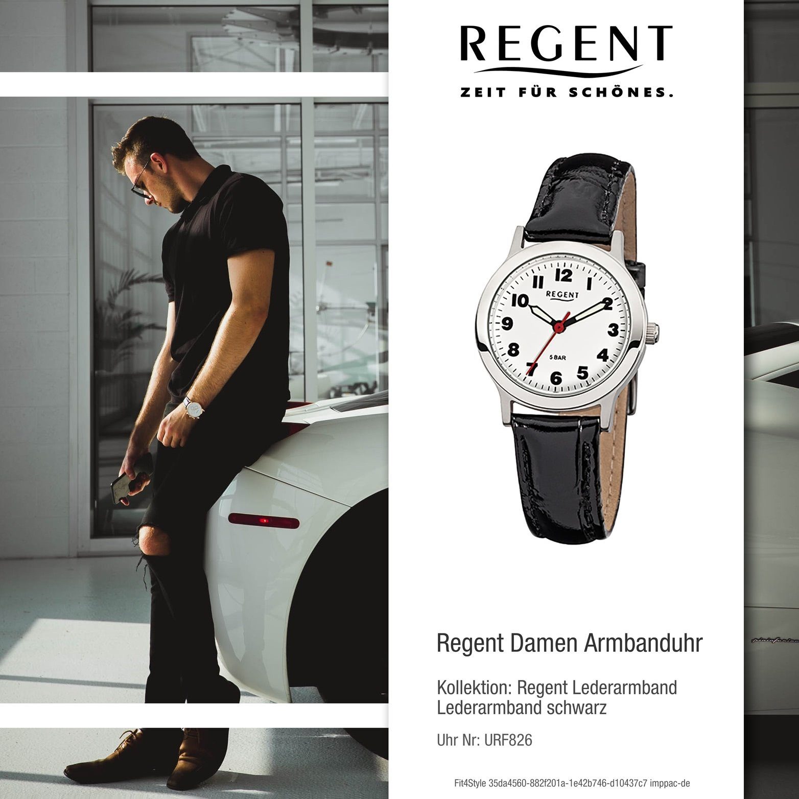 Uhr Quarzuhr, (ca. Damen Quarzuhr Gehäuse, rundes schwarz, klein Lederarmband Damenuhr 28mm) Leder Regent F-826 Regent