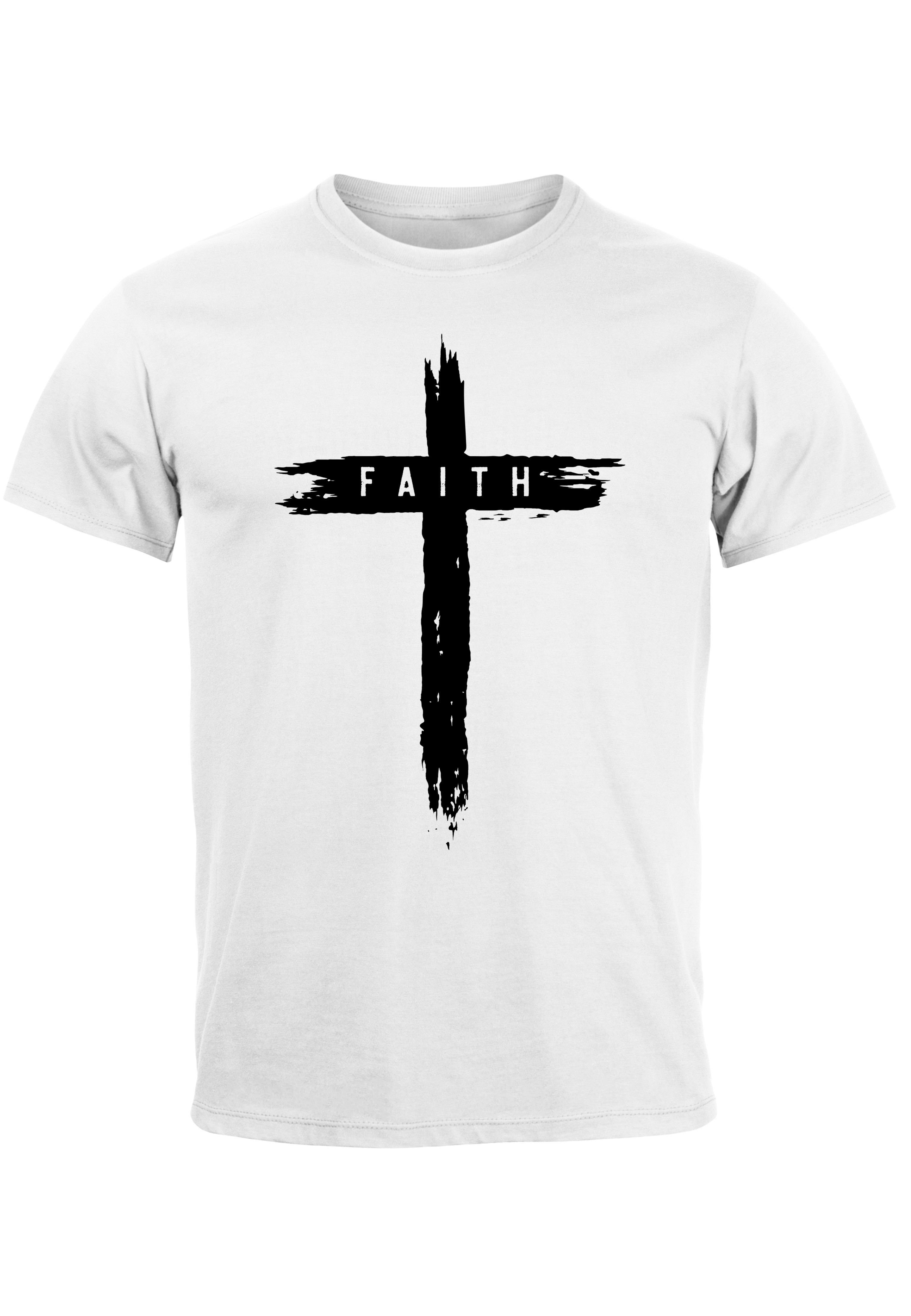 Neverless Print-Shirt Herren T-Shirt Printshirt Aufdruck Kreuz Cross Faith Glaube Trend-Moti mit Print weiß