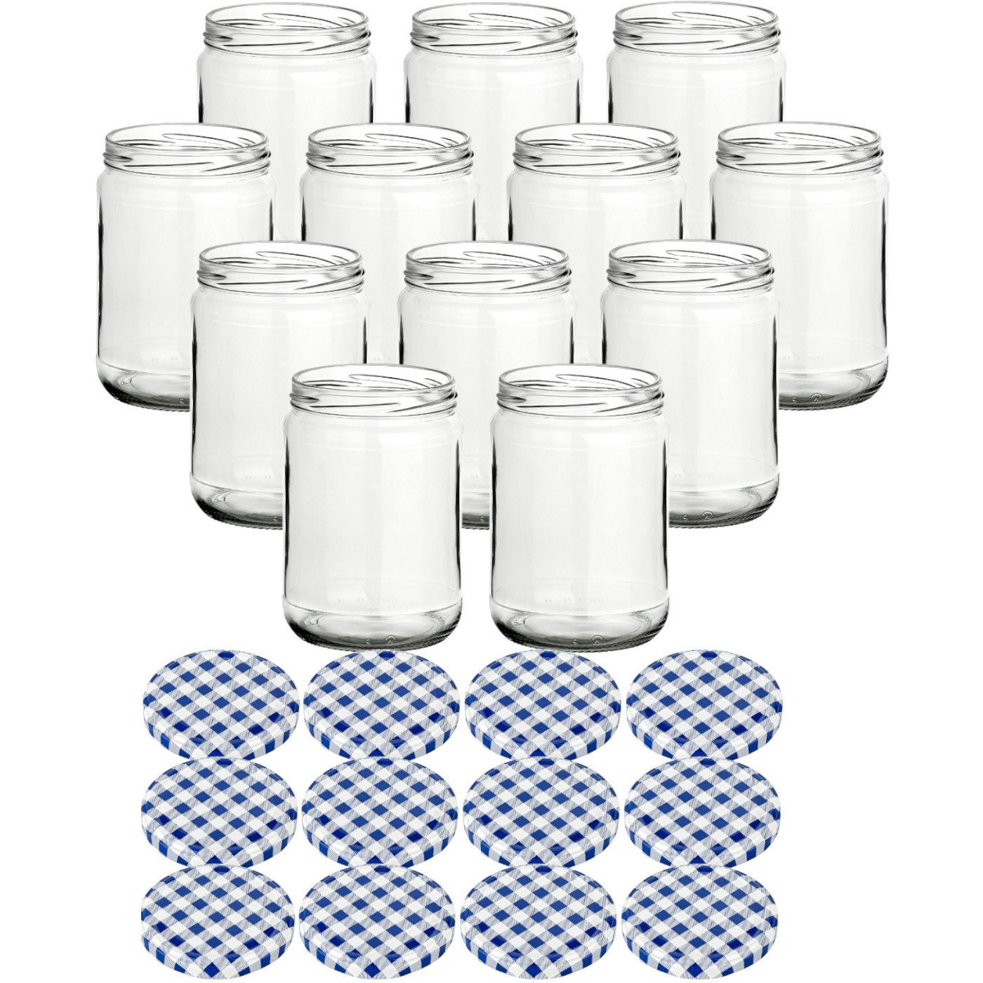 gouveo Einmachglas Vorratsgläser 580 ml Klassik mit Schraub-Deckel - Große Einmachgläser, (12-tlg), karo-blau