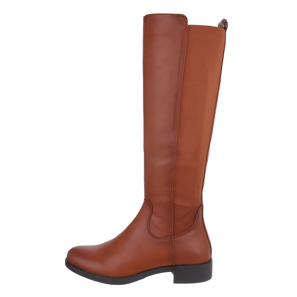 Ital-Design Damen Freizeit Stiefel Blockabsatz Flache Stiefel in Camel