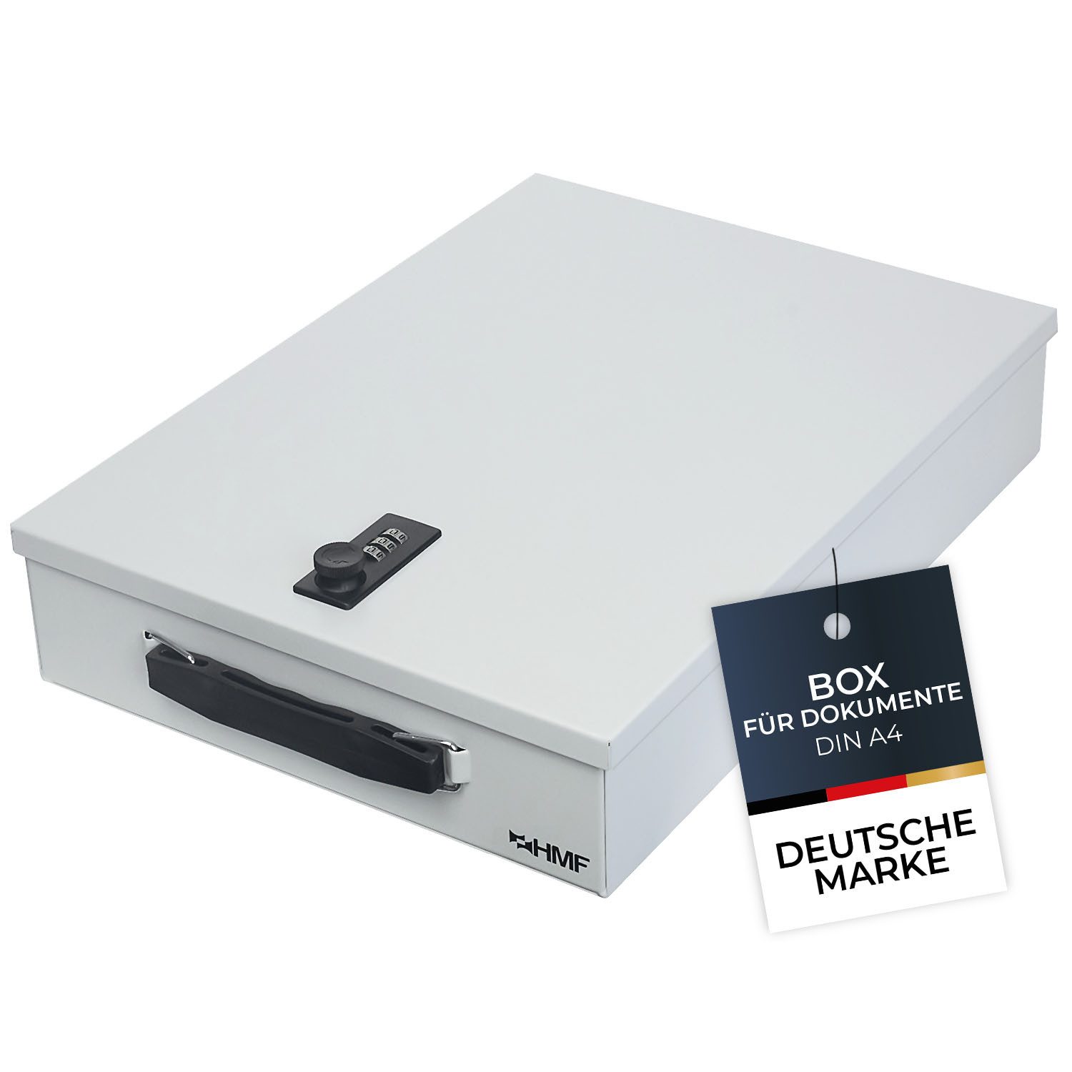 HMF Geldkassette Abschließbare Dokumentenkassette mit Zahlenschloss, DIN A4 Dokumente, Dokumentenbox 37,5 x 26,5 x 8 cm, Lichtgrau