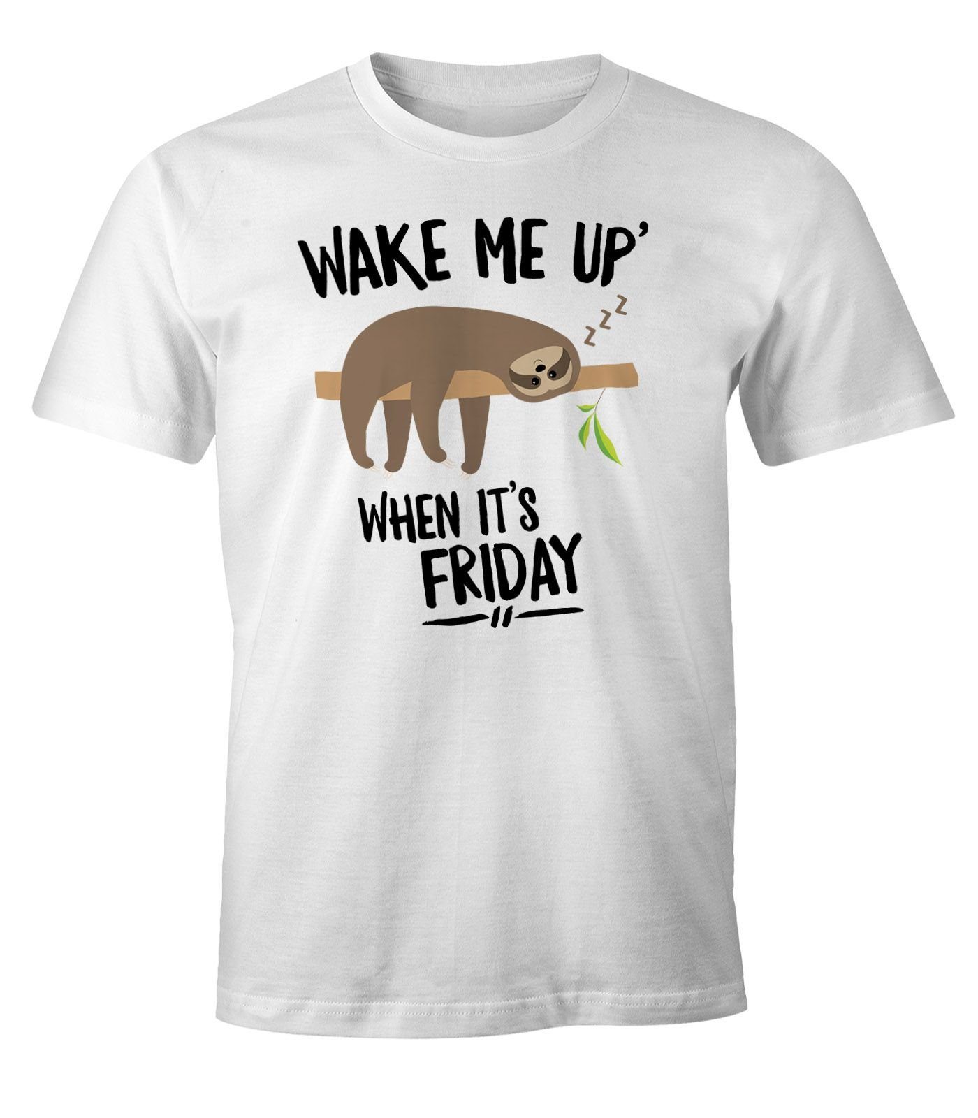 MoonWorks Print-Shirt Herren T-Shirt Faultier Sloth Wake me up when it's Friday Fun-Shirt Moonworks® mit Print weiß