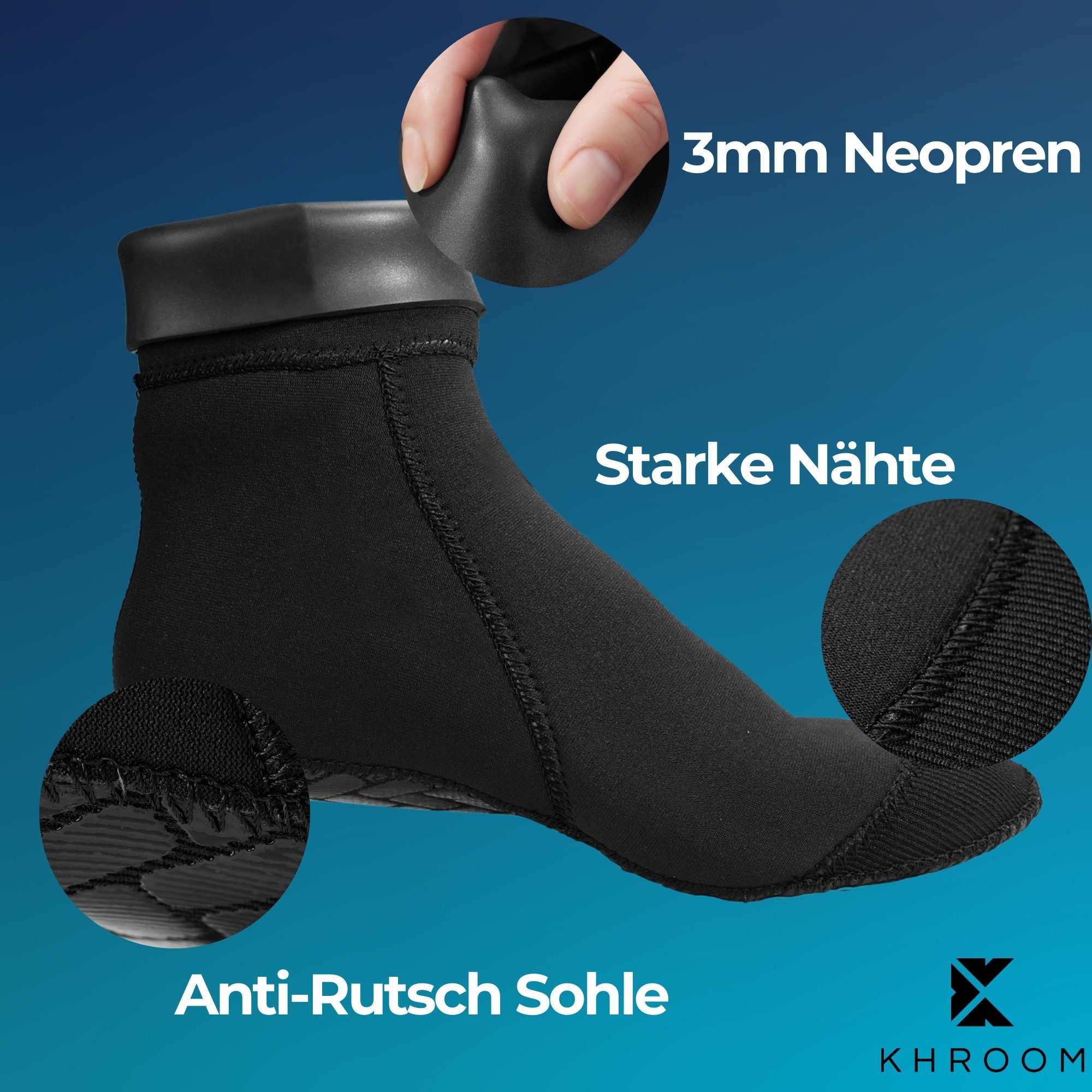 Khroom Neoprensocken 3mm Neoprensocken Gr. 32-46 Schwarz, Wassersocken Anti-Rutsch Sohle