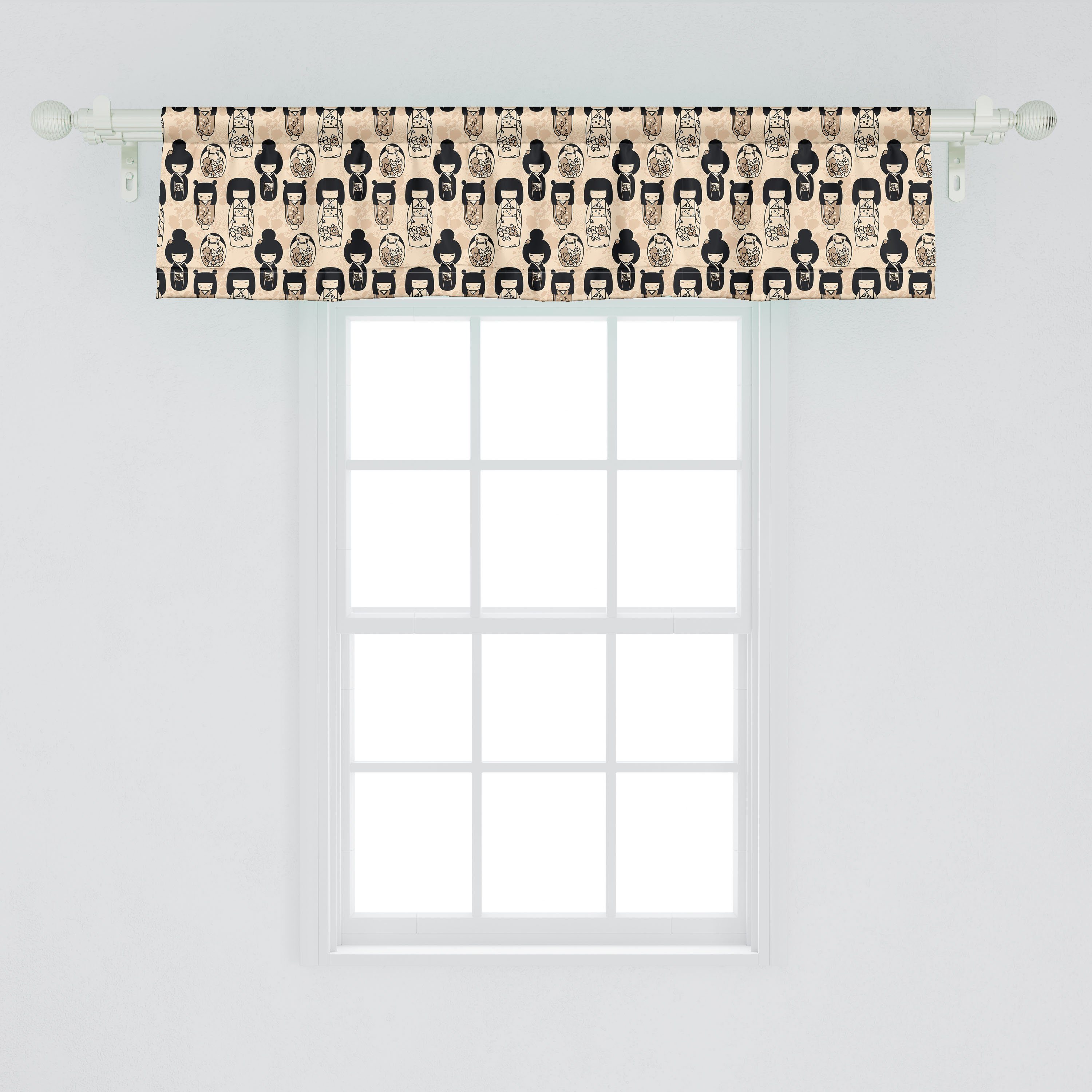 Dolls Kokeshi Dekor Microfaser, Küche Schlafzimmer Kleine Abakuhaus, mit Volant Vorhang Stangentasche, Ethnisch Scheibengardine für