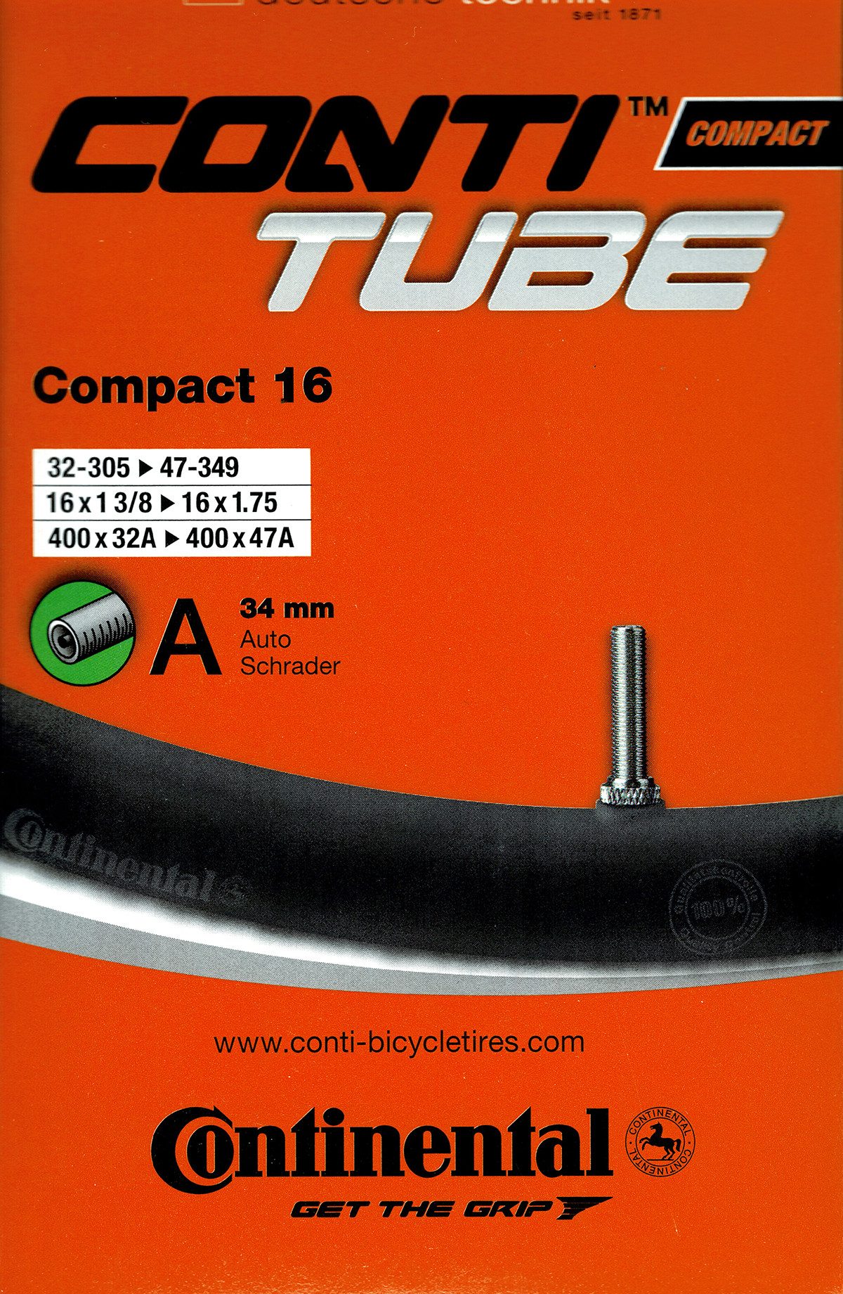 CONTINENTAL Fahrradschlauch Continental Compact 16 Schlauch 16 Zoll AV (32/47-305/349) AV 34mm, 1,50, 1 1/2, 1 5/8, 1,95, 2,00, 1 3/8, 1 1/8, 2,10, 1 1/4, 1,25, 1,20, 1,35, 1,90
